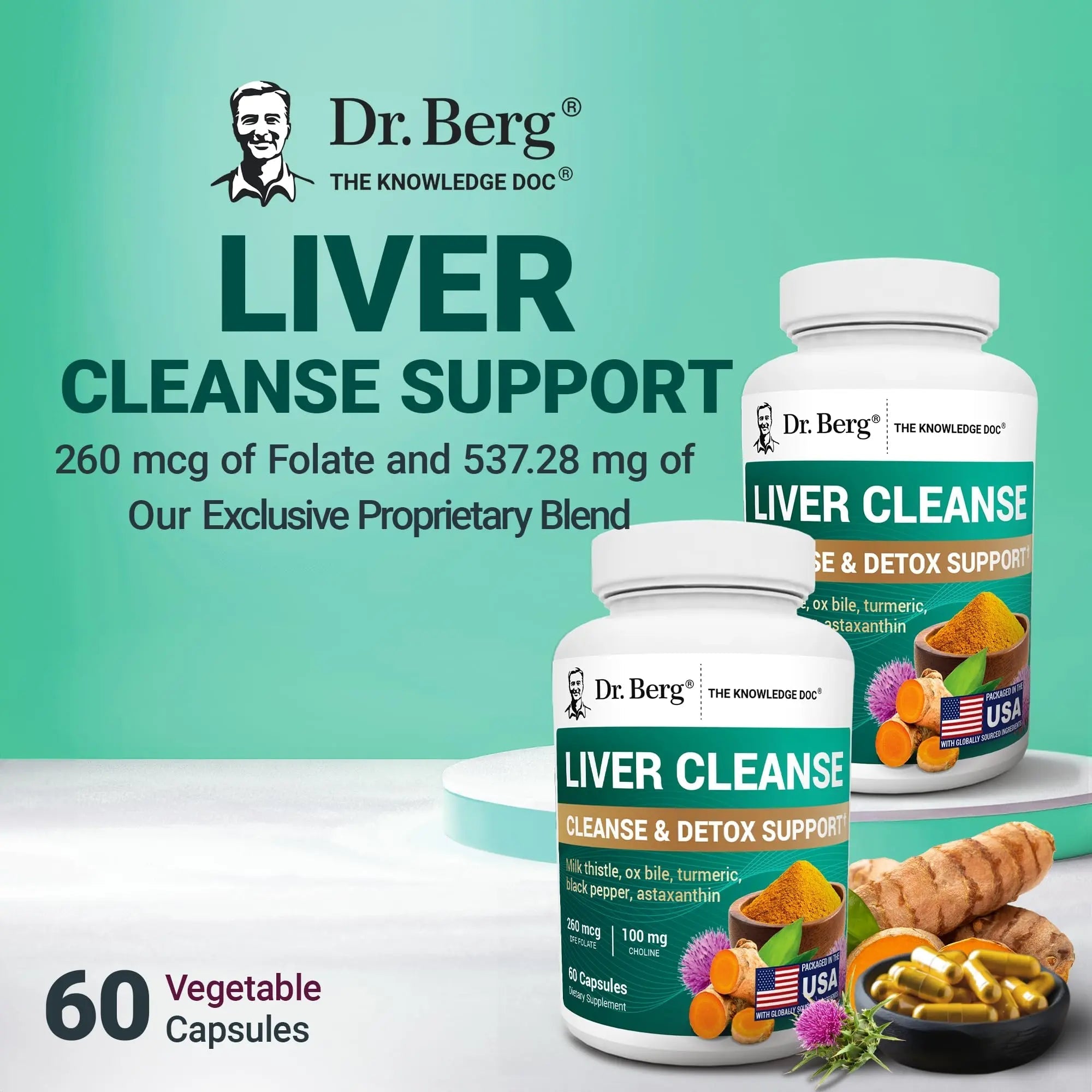 Dr. Berg Liver Cleanse Detox Capsules w/Unique Blend of Milk Thistle, Ox Bile & Folate - Liver Supplement Includes Turmeric, Black Pepper & Choline - 60 Capsules - TrustMedUSA