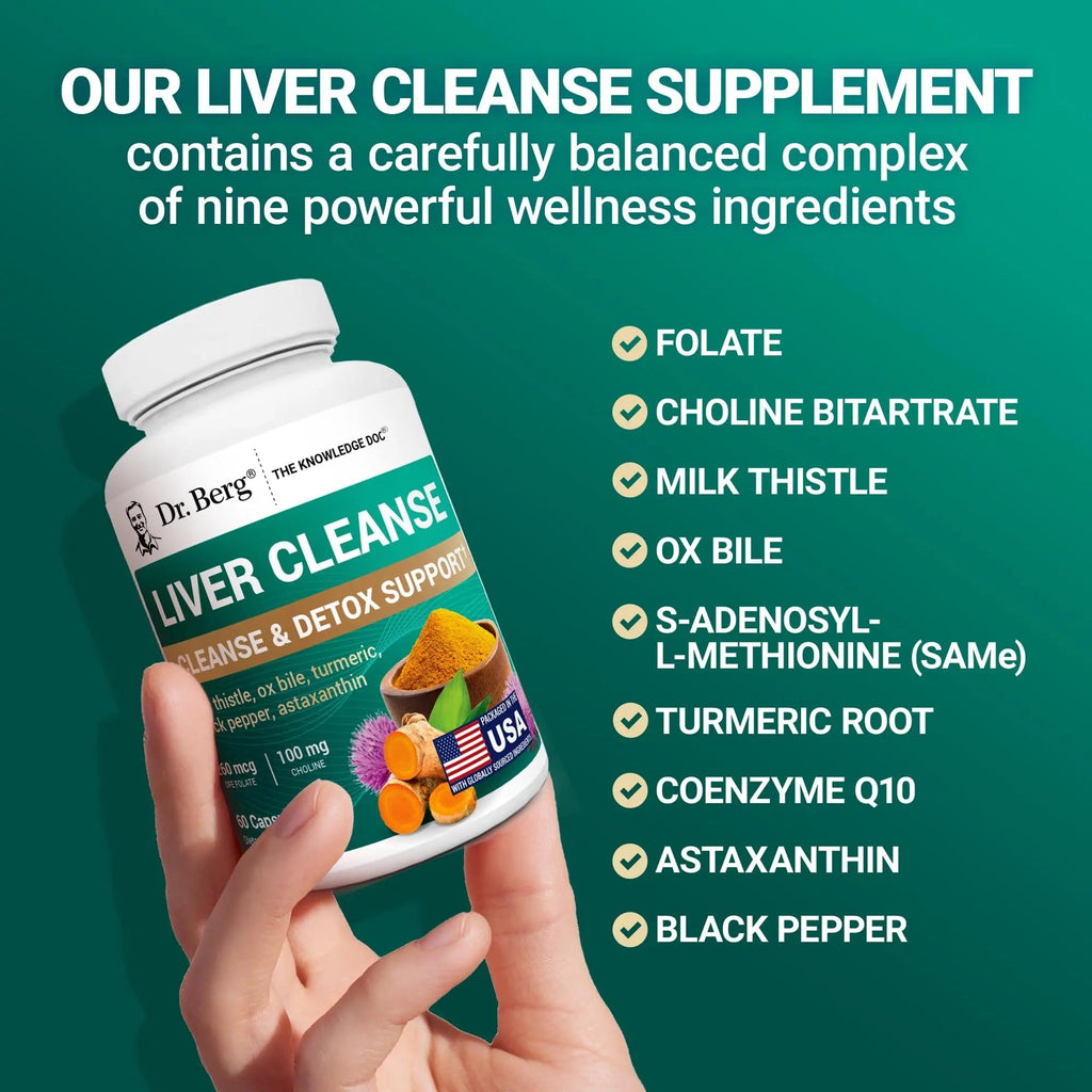 Dr. Berg Liver Cleanse Detox Capsules w/Unique Blend of Milk Thistle, Ox Bile & Folate - Liver Supplement Includes Turmeric, Black Pepper & Choline - 60 Capsules - TrustMedUSA