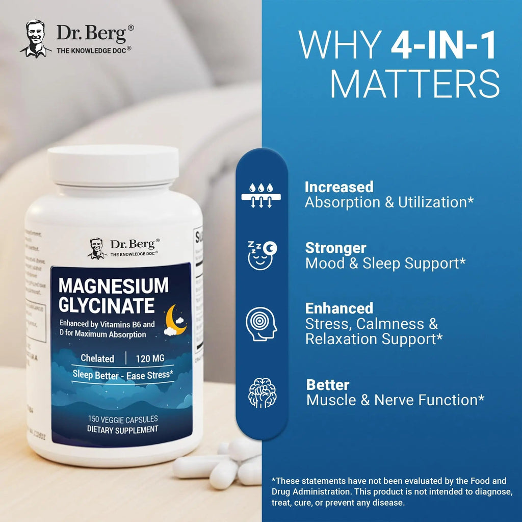 Dr. Berg Magnesium Glycinate 150ct – 4-in-1 Chelated for Muscle, Nerve, Sleep & Stress Support*– w/ D3, B6 & Zinc – 4X Lab-Tested – No Fillers – Formulated in USA, GMP-Certified - TrustMedUSA