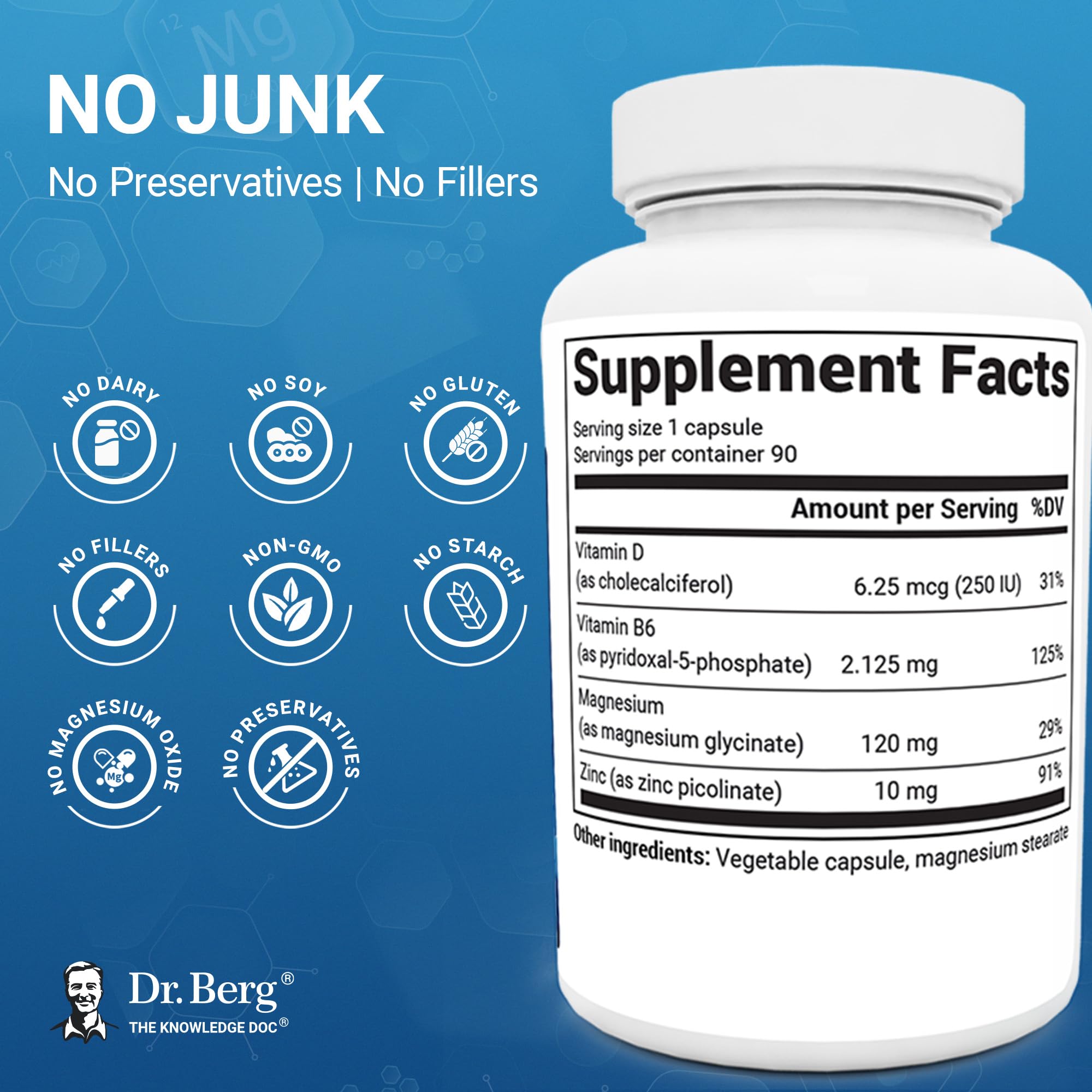 Dr. Berg Magnesium Glycinate 90ct – 4-in-1 Chelated for Muscle, Nerve, Sleep & Stress Support*– w/ D3, B6 & Zinc – 4X Lab-Tested – No Fillers – Formulated in USA, GMP-Certified - TrustMedUSA