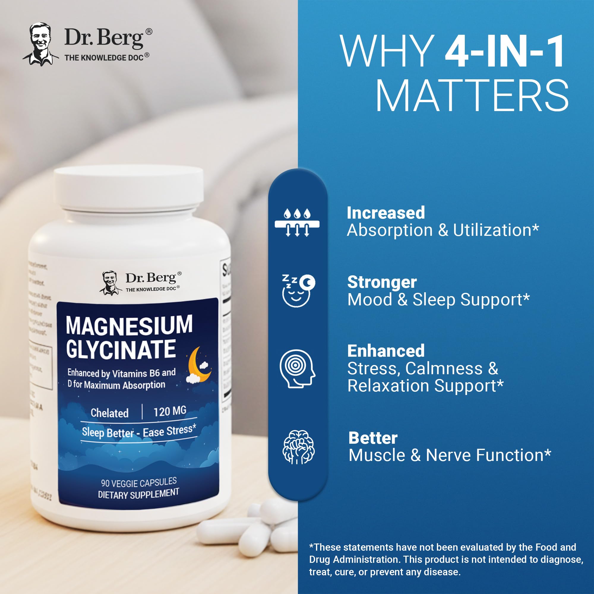 Dr. Berg Magnesium Glycinate 90ct – 4-in-1 Chelated for Muscle, Nerve, Sleep & Stress Support*– w/ D3, B6 & Zinc – 4X Lab-Tested – No Fillers – Formulated in USA, GMP-Certified - TrustMedUSA