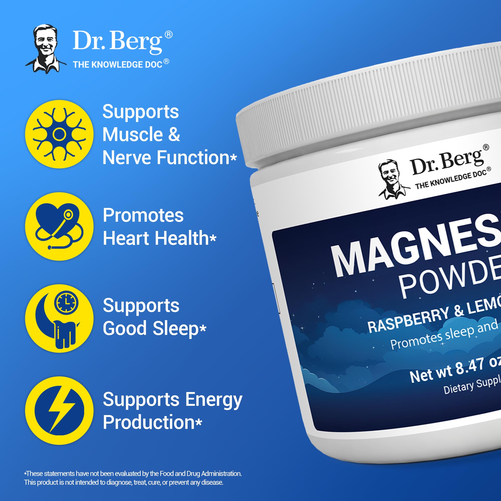 Dr. Berg Magnesium Glycinate Powder for Sleep, Relaxation, & Stress Relief - Now Includes Vitamin D3 & Zinc - Delicious Raspberry & Lemon Flavor (50 Servings) Magnesium Powder - Magnesium Drink Powder - TrustMedUSA
