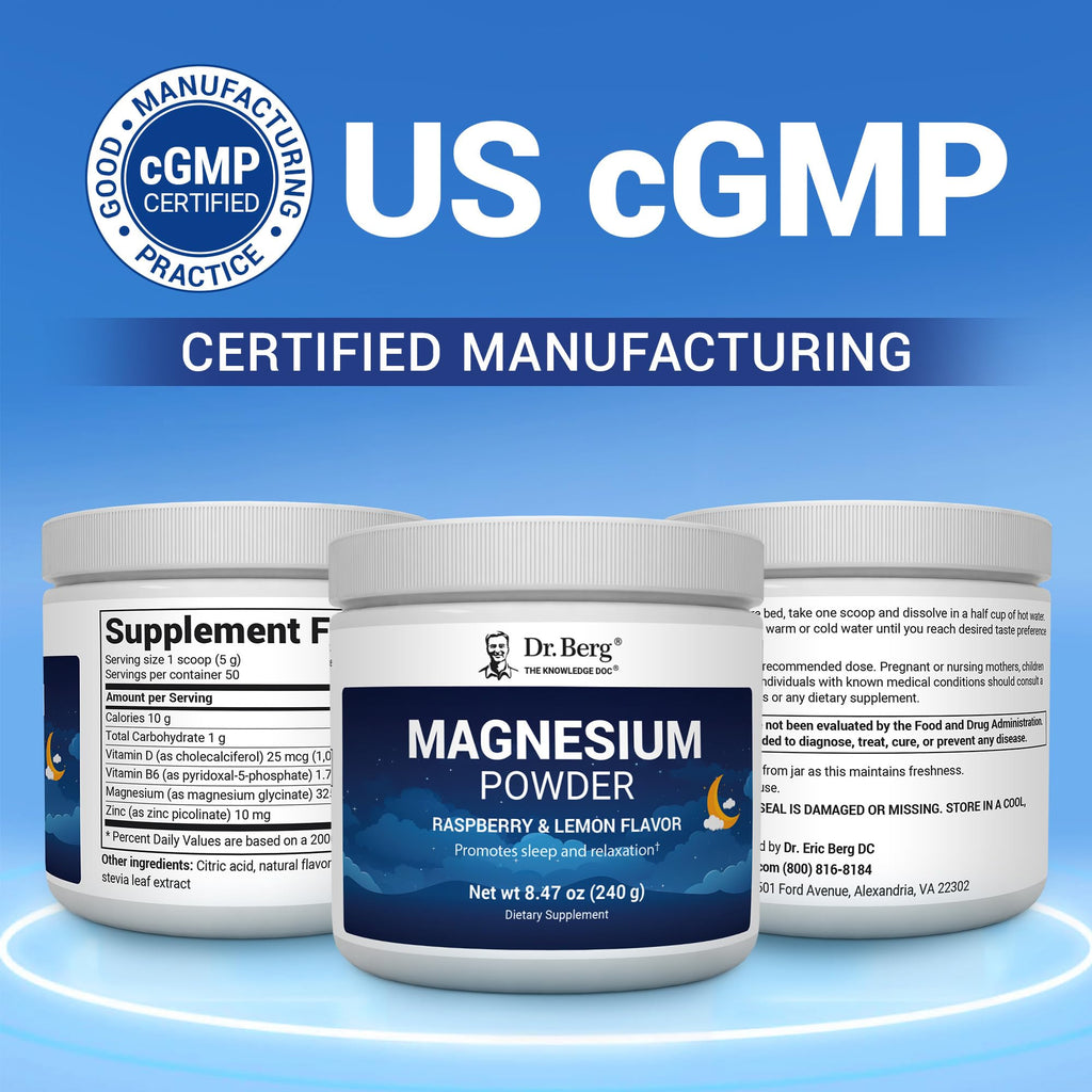 Dr. Berg Magnesium Glycinate Powder for Sleep, Relaxation, & Stress Relief - Now Includes Vitamin D3 & Zinc - Delicious Raspberry & Lemon Flavor (50 Servings) Magnesium Powder - Magnesium Drink Powder - TrustMedUSA