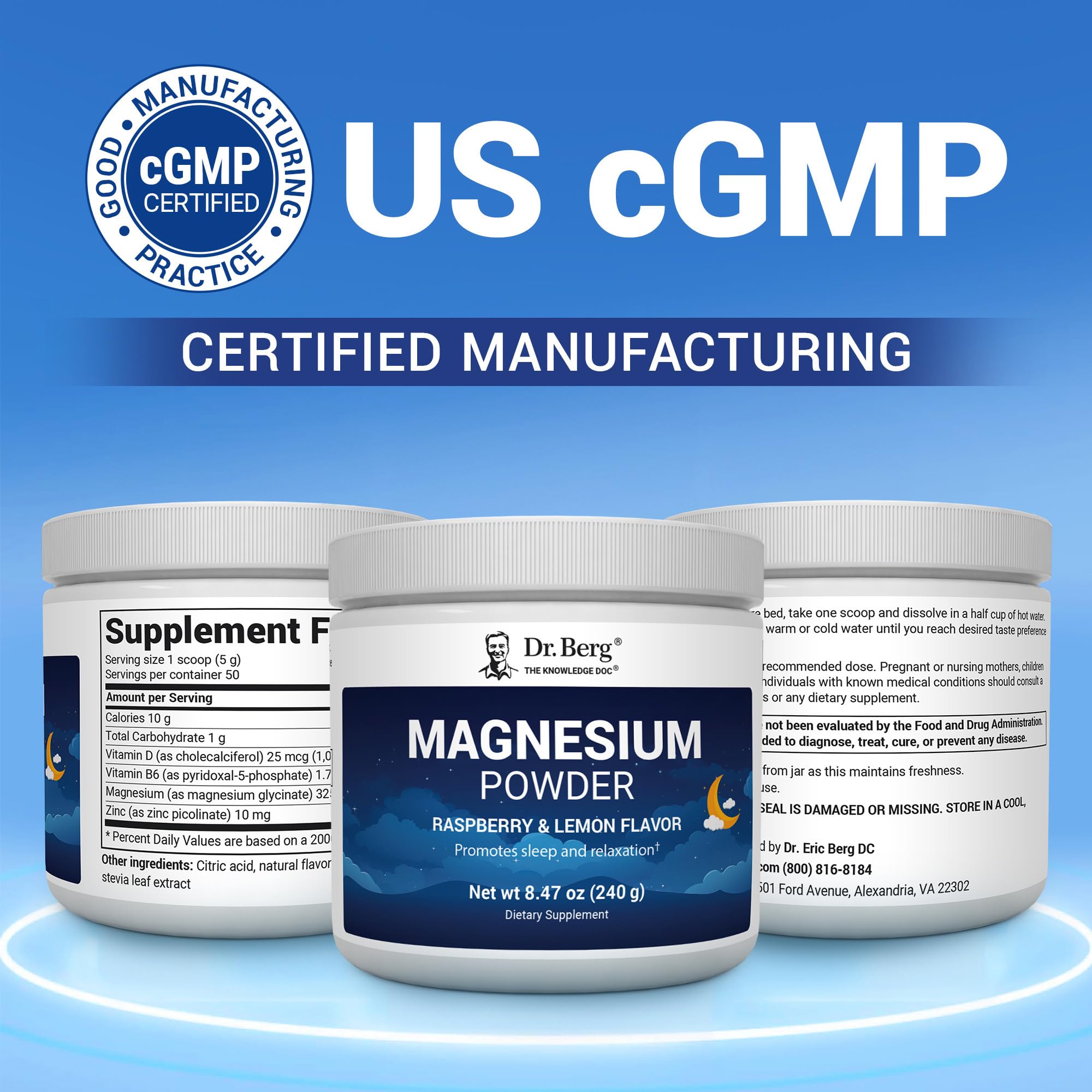 Dr. Berg Magnesium Glycinate Powder for Sleep, Relaxation, & Stress Relief - Now Includes Vitamin D3 & Zinc - Delicious Raspberry & Lemon Flavor (50 Servings) Magnesium Powder - Magnesium Drink Powder - TrustMedUSA