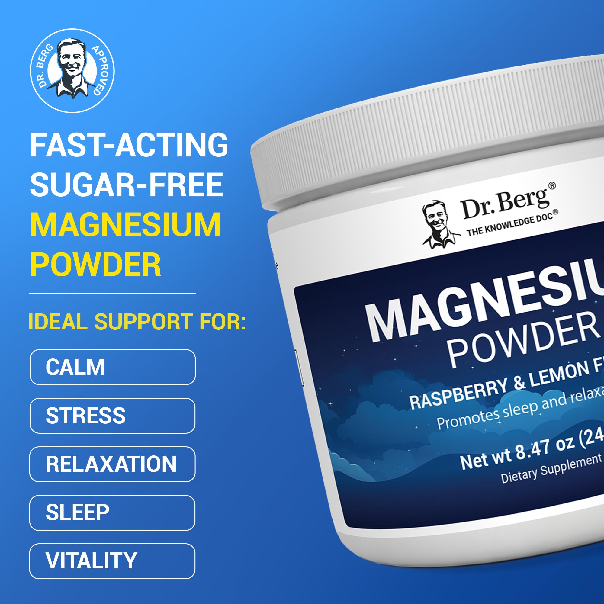 Dr. Berg Magnesium Glycinate Powder for Sleep, Relaxation, & Stress Relief - Now Includes Vitamin D3 & Zinc - Delicious Raspberry & Lemon Flavor (50 Servings) Magnesium Powder - Magnesium Drink Powder - TrustMedUSA