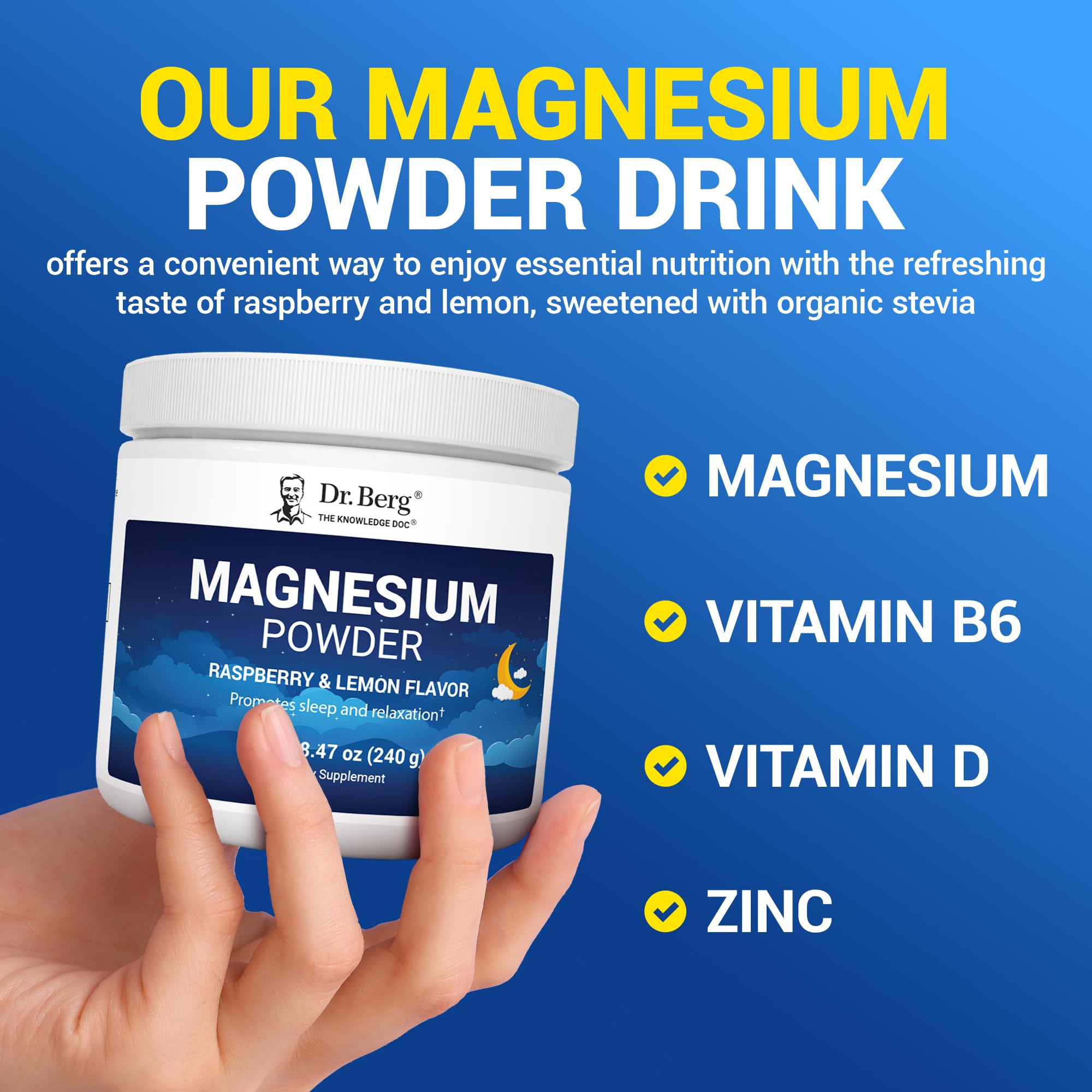 Dr. Berg Magnesium Glycinate Powder for Sleep, Relaxation, & Stress Relief - Now Includes Vitamin D3 & Zinc - Delicious Raspberry & Lemon Flavor (50 Servings) Magnesium Powder - Magnesium Drink Powder - TrustMedUSA
