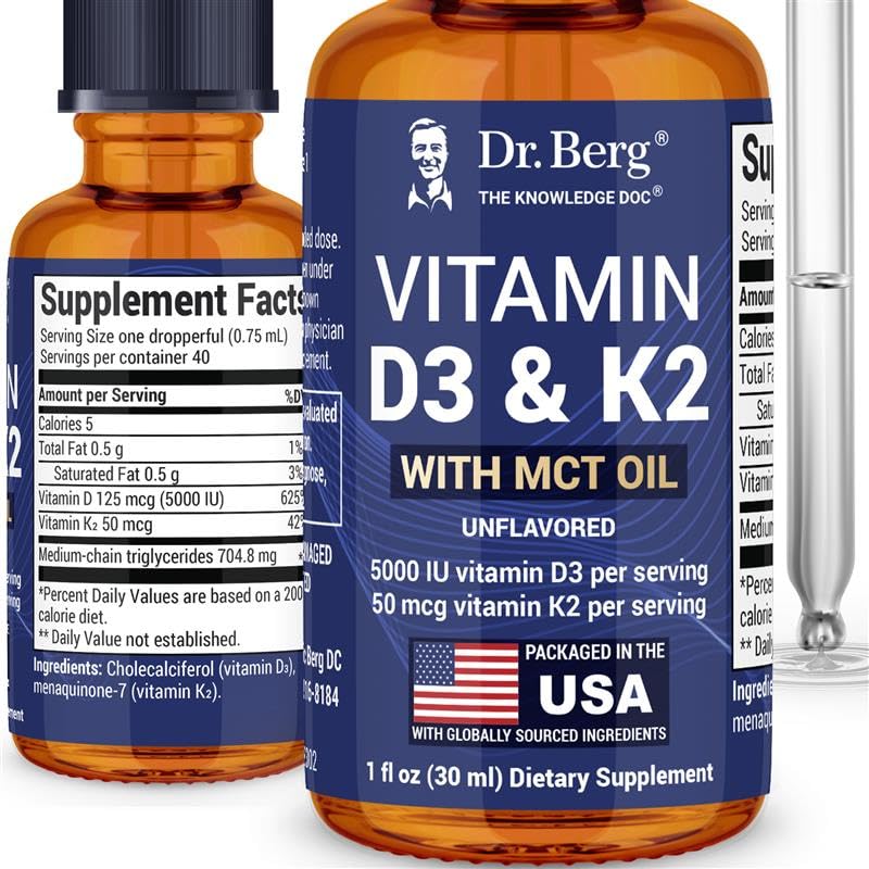 Dr. Berg Maximum Strength Vitamin D3 K2 Liquid Drops with MCT Oil – 5,000 IU Liquid Vitamin D3 with K2 – Supports Strong Bones, Heart, Energy, Immunity, and Overall Vitality* - Unflavored 1 Fl Oz - TrustMedUSA