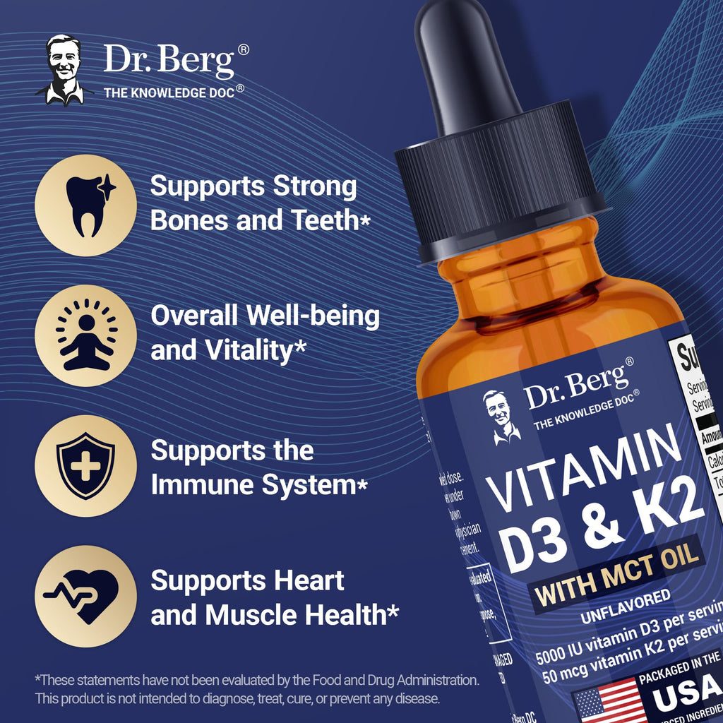 Dr. Berg Maximum Strength Vitamin D3 K2 Liquid Drops with MCT Oil – 5,000 IU Liquid Vitamin D3 with K2 – Supports Strong Bones, Heart, Energy, Immunity, and Overall Vitality* - Unflavored 1 Fl Oz - TrustMedUSA