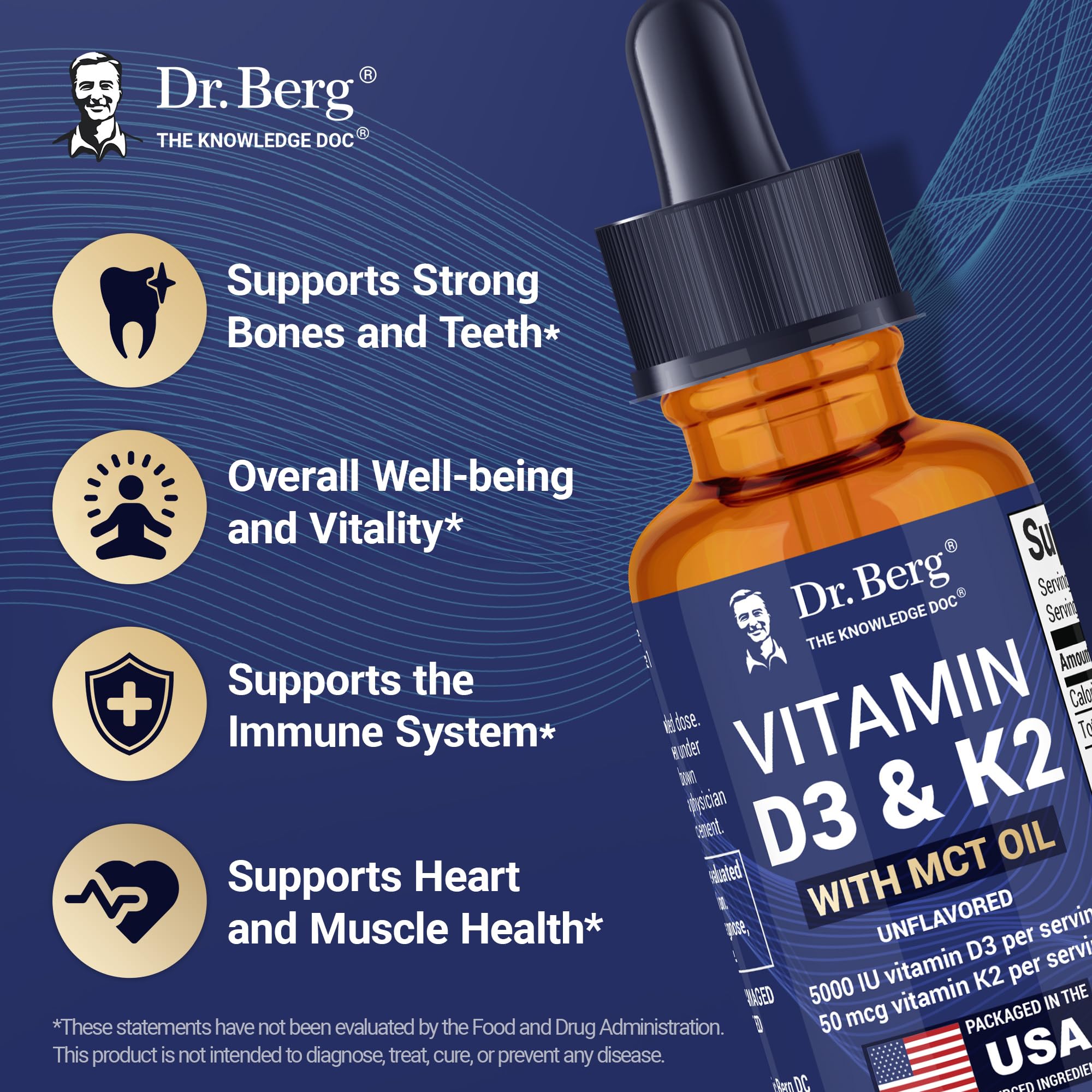 Dr. Berg Maximum Strength Vitamin D3 K2 Liquid Drops with MCT Oil – 5,000 IU Liquid Vitamin D3 with K2 – Supports Strong Bones, Heart, Energy, Immunity, and Overall Vitality* - Unflavored 1 Fl Oz - TrustMedUSA