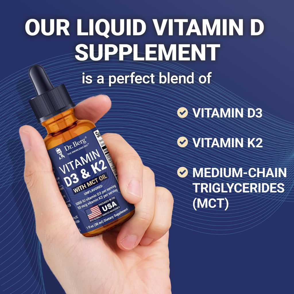 Dr. Berg Maximum Strength Vitamin D3 K2 Liquid Drops with MCT Oil – 5,000 IU Liquid Vitamin D3 with K2 – Supports Strong Bones, Heart, Energy, Immunity, and Overall Vitality* - Unflavored 1 Fl Oz - TrustMedUSA