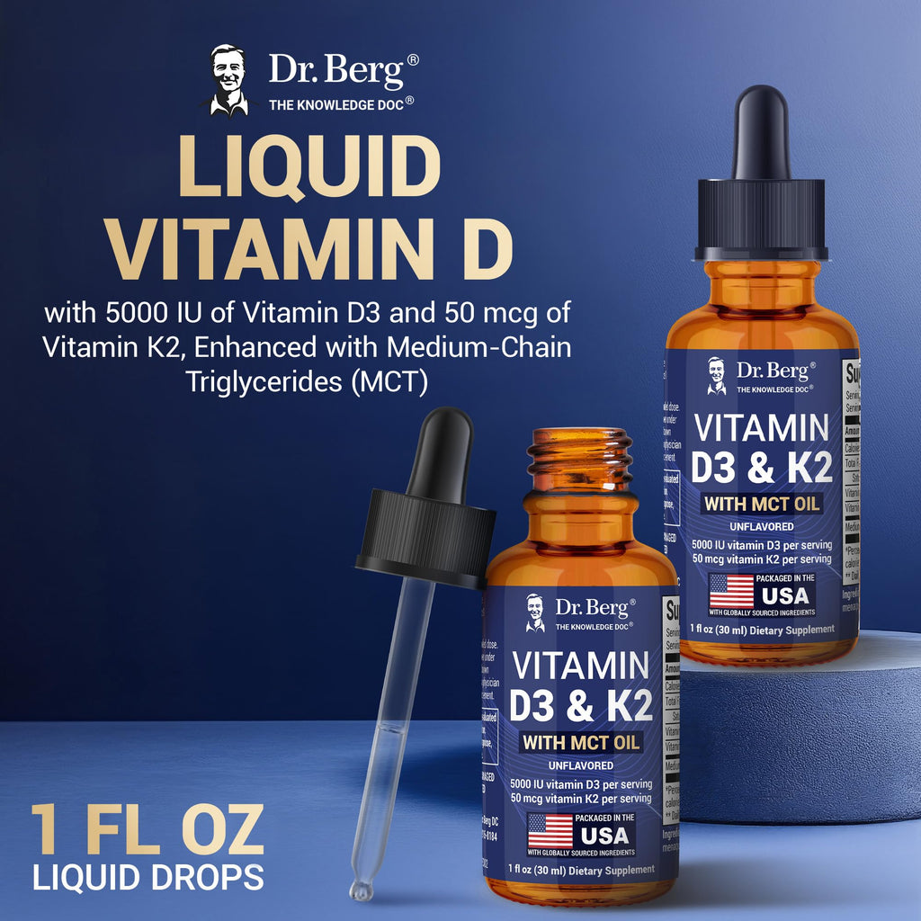 Dr. Berg Maximum Strength Vitamin D3 K2 Liquid Drops with MCT Oil – 5,000 IU Liquid Vitamin D3 with K2 – Supports Strong Bones, Heart, Energy, Immunity, and Overall Vitality* - Unflavored 1 Fl Oz - TrustMedUSA