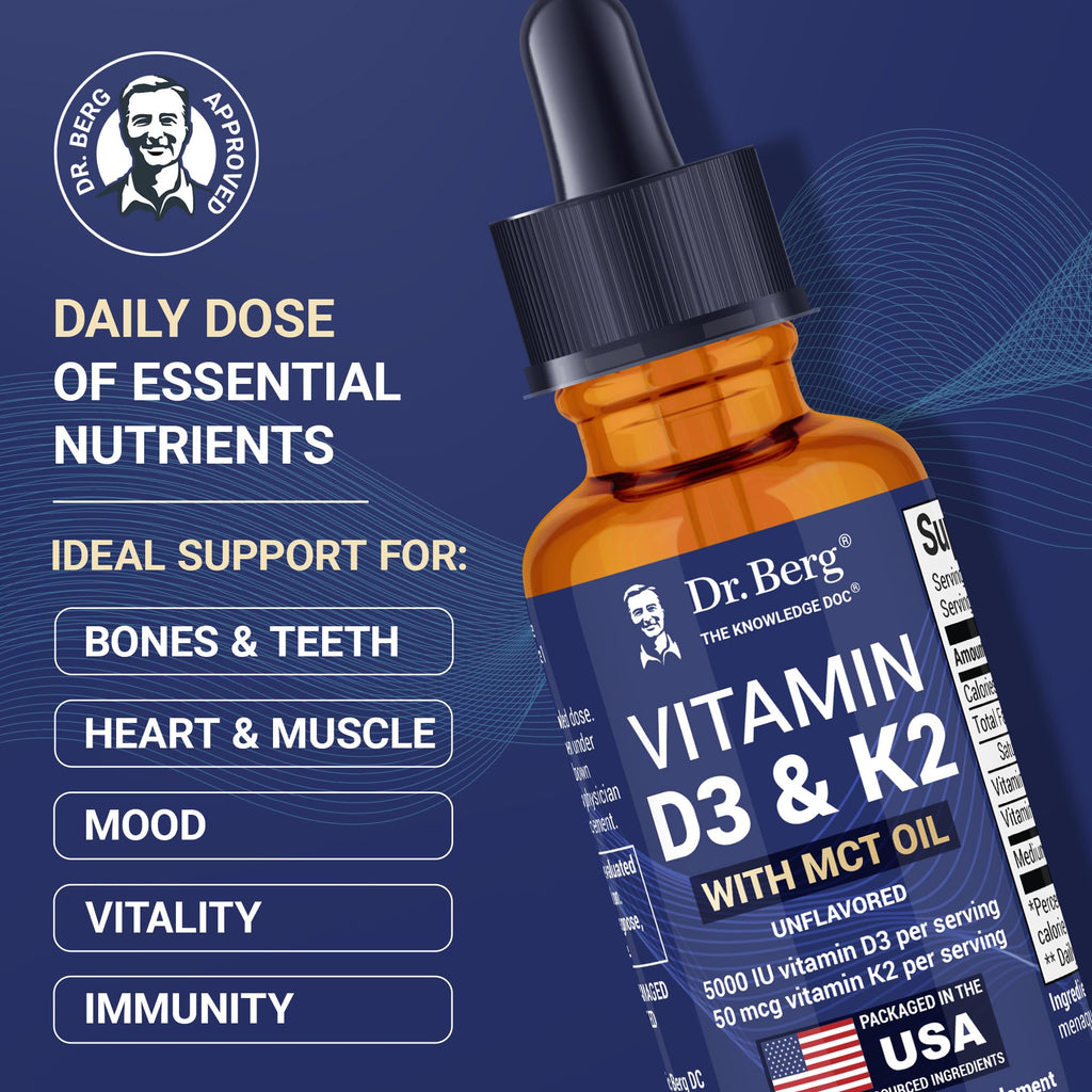 Dr. Berg Maximum Strength Vitamin D3 K2 Liquid Drops with MCT Oil – 5,000 IU Liquid Vitamin D3 with K2 – Supports Strong Bones, Heart, Energy, Immunity, and Overall Vitality* - Unflavored 1 Fl Oz - TrustMedUSA