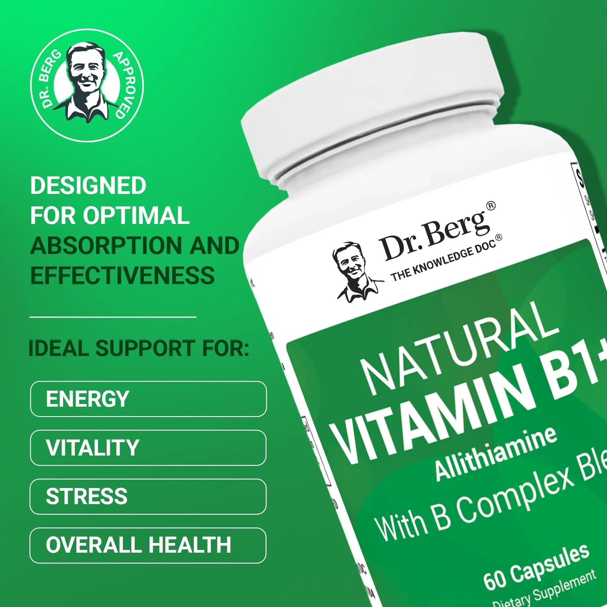 Dr. Berg Natural Vitamin B1 B6 B12 Complex - Allithiamine Vitamin B1 Supplement with 8 Essential Vitamin B Complex for Men & Women Including Thiamin - TrustMedUSA