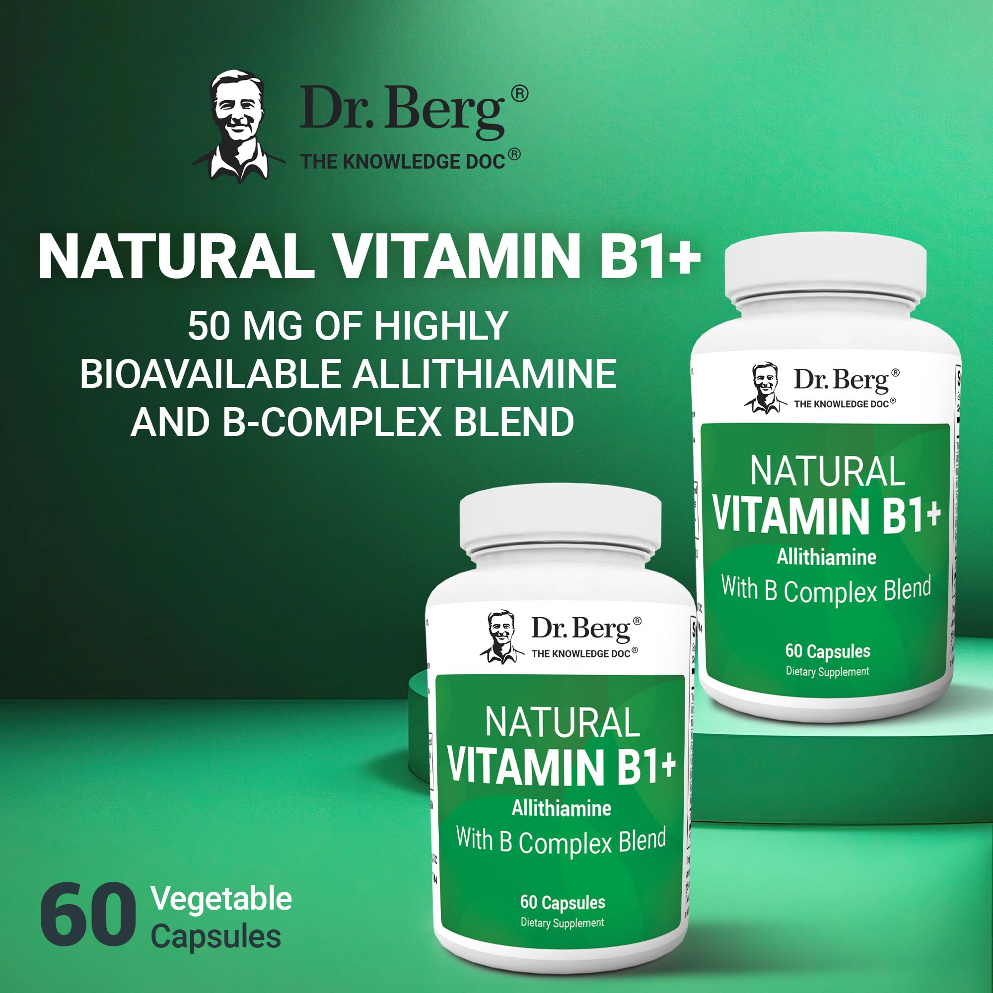 Dr. Berg Natural Vitamin B1 B6 B12 Complex - Allithiamine Vitamin B1 Supplement with 8 Essential Vitamin B Complex for Men & Women Including Thiamin, Niacin, Folate, Magnesium & More - 60 Capsules - TrustMedUSA