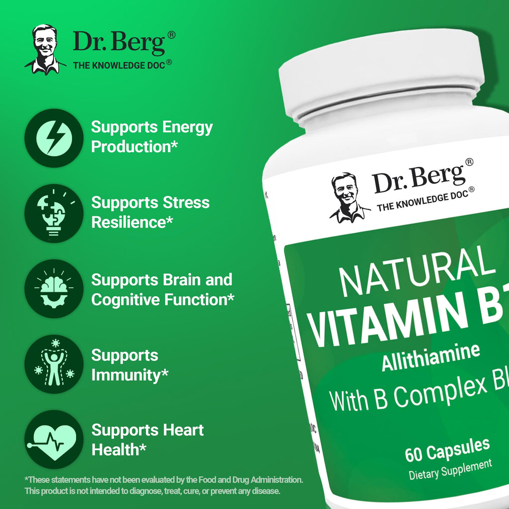 Dr. Berg Natural Vitamin B1 B6 B12 Complex - Allithiamine Vitamin B1 Supplement with 8 Essential Vitamin B Complex for Men & Women Including Thiamin, Niacin, Folate, Magnesium & More - 60 Capsules - TrustMedUSA