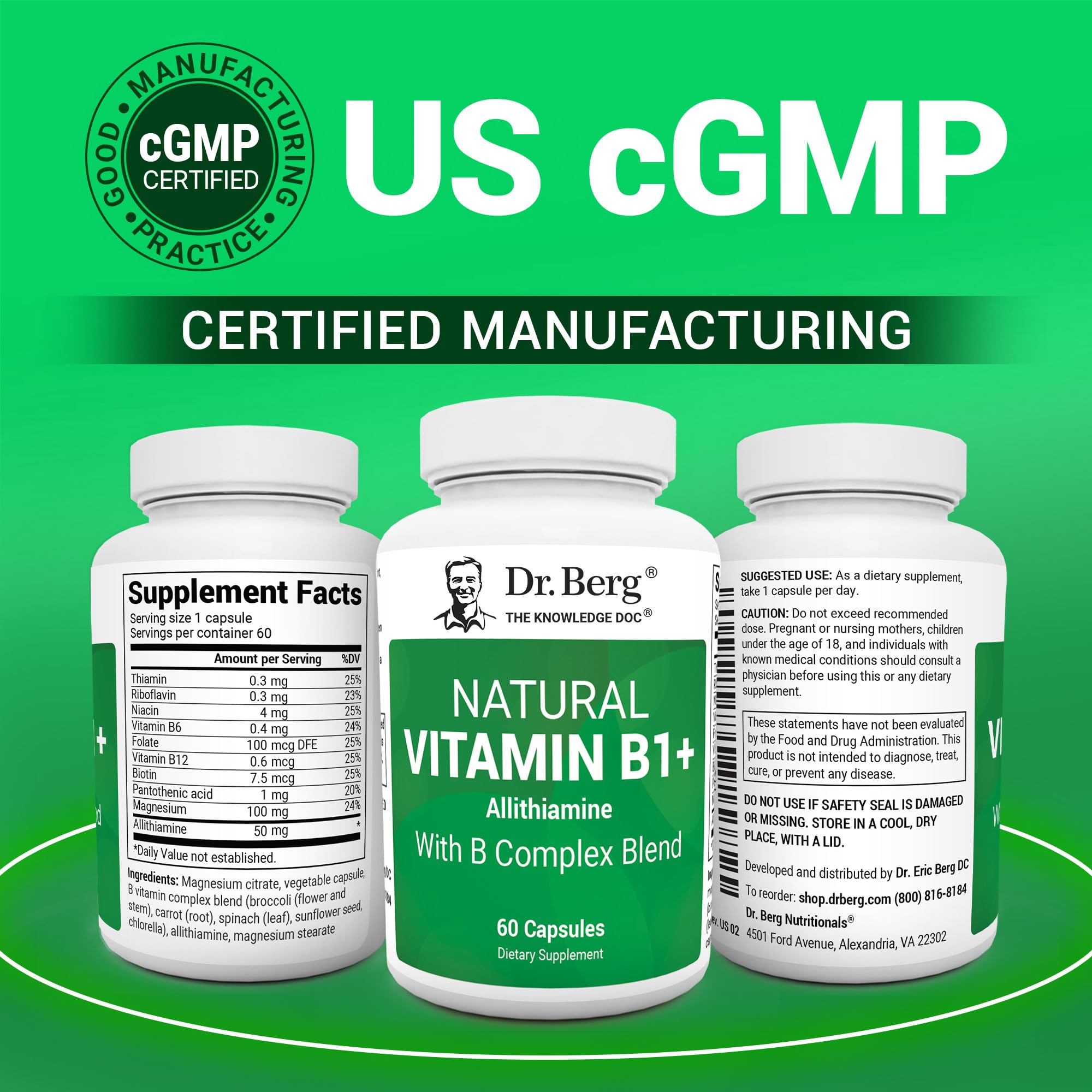 Dr. Berg Natural Vitamin B1 B6 B12 Complex - Allithiamine Vitamin B1 Supplement with 8 Essential Vitamin B Complex for Men & Women Including Thiamin, Niacin, Folate, Magnesium & More - 60 Capsules - TrustMedUSA