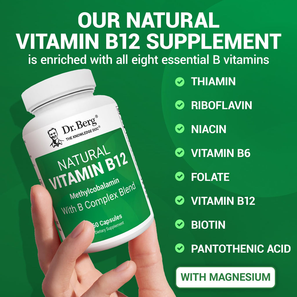 Dr. Berg Natural Vitamin B12 1000 mcg with B Complex Blend - Methylcobalamin B12 for Energy, Nerve Health, and Cognitive Function* - Methylated B12 with Folate - 60 Capsules (2-Month Supply) - TrustMedUSA