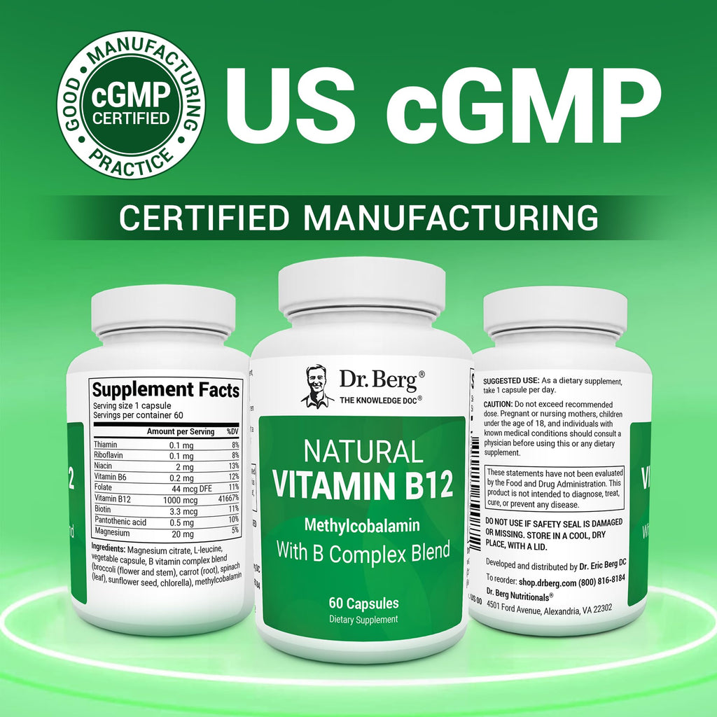 Dr. Berg Natural Vitamin B12 1000 mcg with B Complex Blend - Methylcobalamin B12 for Energy, Nerve Health, and Cognitive Function* - Methylated B12 with Folate - 60 Capsules (2-Month Supply) - TrustMedUSA