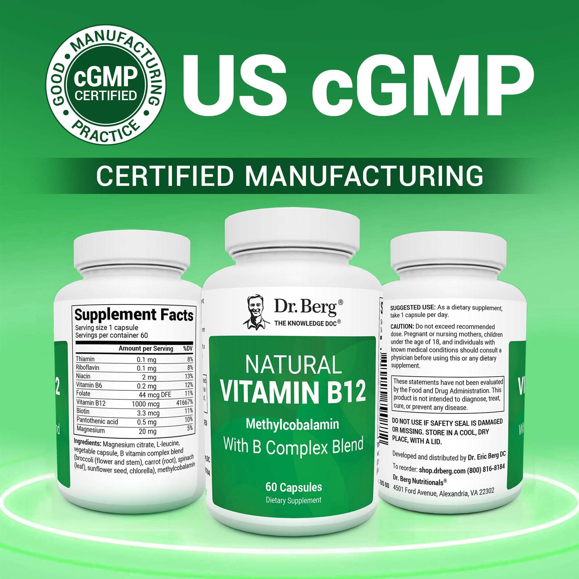 Dr. Berg Natural Vitamin B12 1000 mcg with B Complex Blend - Methylcobalamin B12 for Energy, Nerve Health, and Cognitive Function* - Methylated B12 with Folate - 60 Capsules (2-Month Supply) - TrustMedUSA