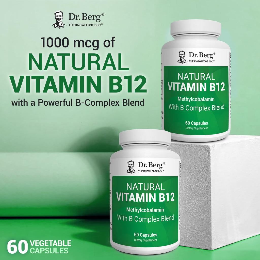 Dr. Berg Natural Vitamin B12 1000 mcg with B Complex Blend - Methylcobalamin B12 for Energy, Nerve Health, and Cognitive Function* - Methylated B12 with Folate - 60 Capsules (2-Month Supply) - TrustMedUSA