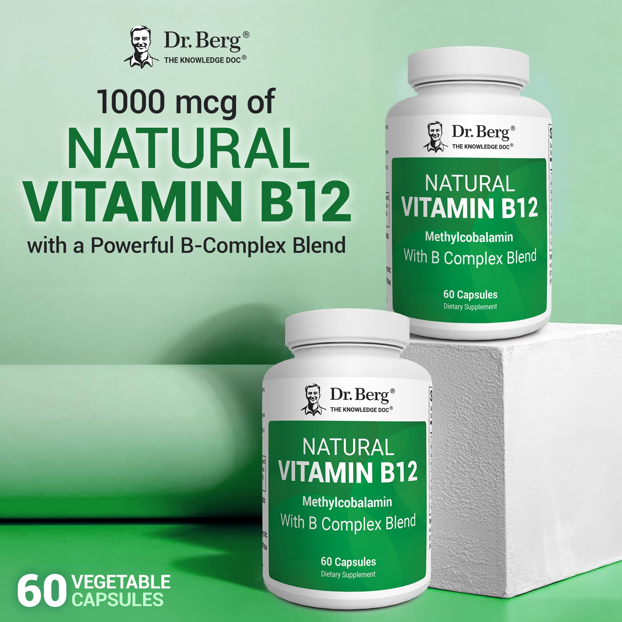 Dr. Berg Natural Vitamin B12 1000 mcg with B Complex Blend - Methylcobalamin B12 for Energy, Nerve Health, and Cognitive Function* - Methylated B12 with Folate - 60 Capsules (2-Month Supply) - TrustMedUSA