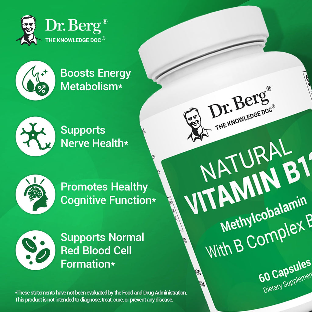 Dr. Berg Natural Vitamin B12 1000 mcg with B Complex Blend - Methylcobalamin B12 for Energy, Nerve Health, and Cognitive Function* - Methylated B12 with Folate - 60 Capsules (2-Month Supply) - TrustMedUSA