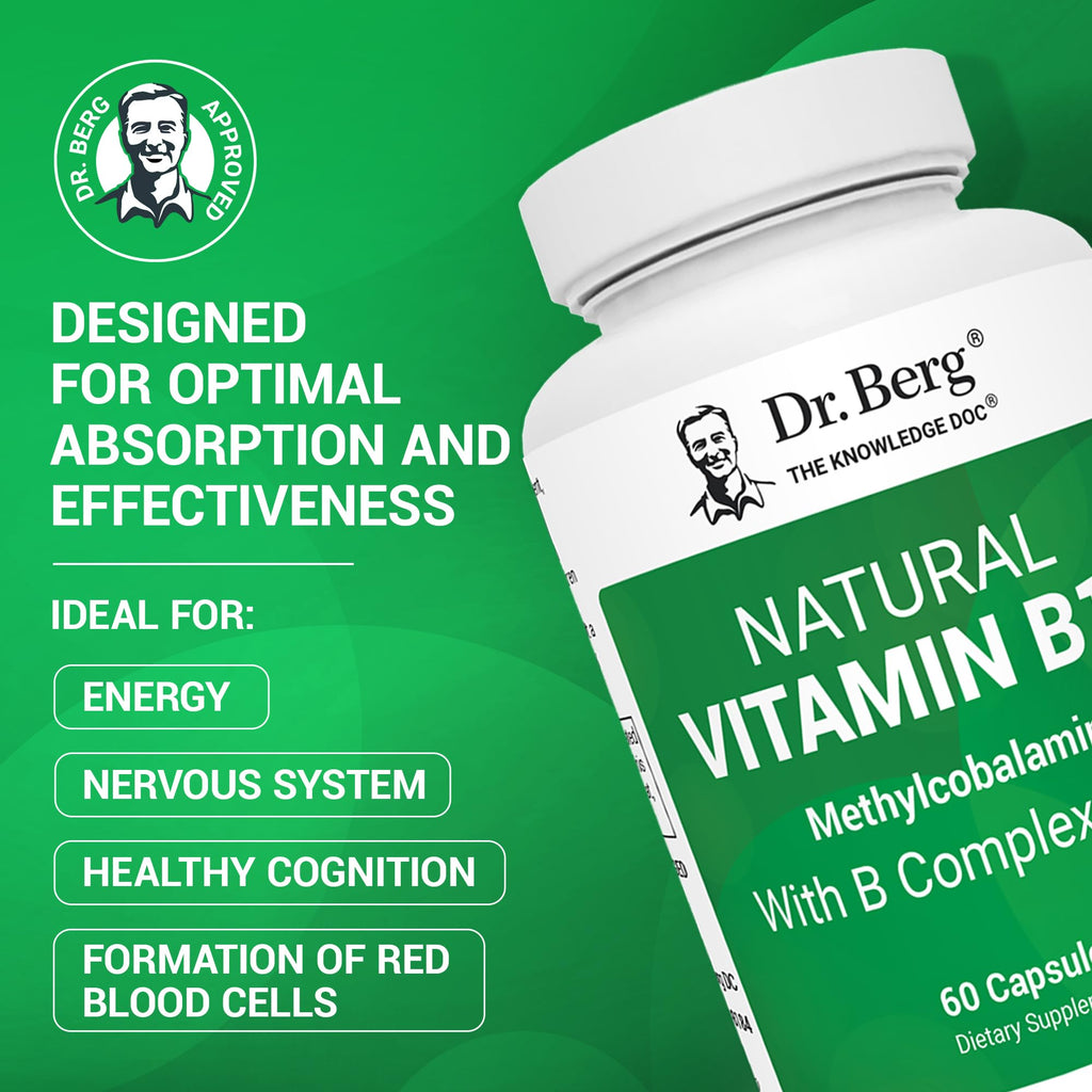 Dr. Berg Natural Vitamin B12 1000 mcg with B Complex Blend - Methylcobalamin B12 for Energy, Nerve Health, and Cognitive Function* - Methylated B12 with Folate - 60 Capsules (2-Month Supply) - TrustMedUSA