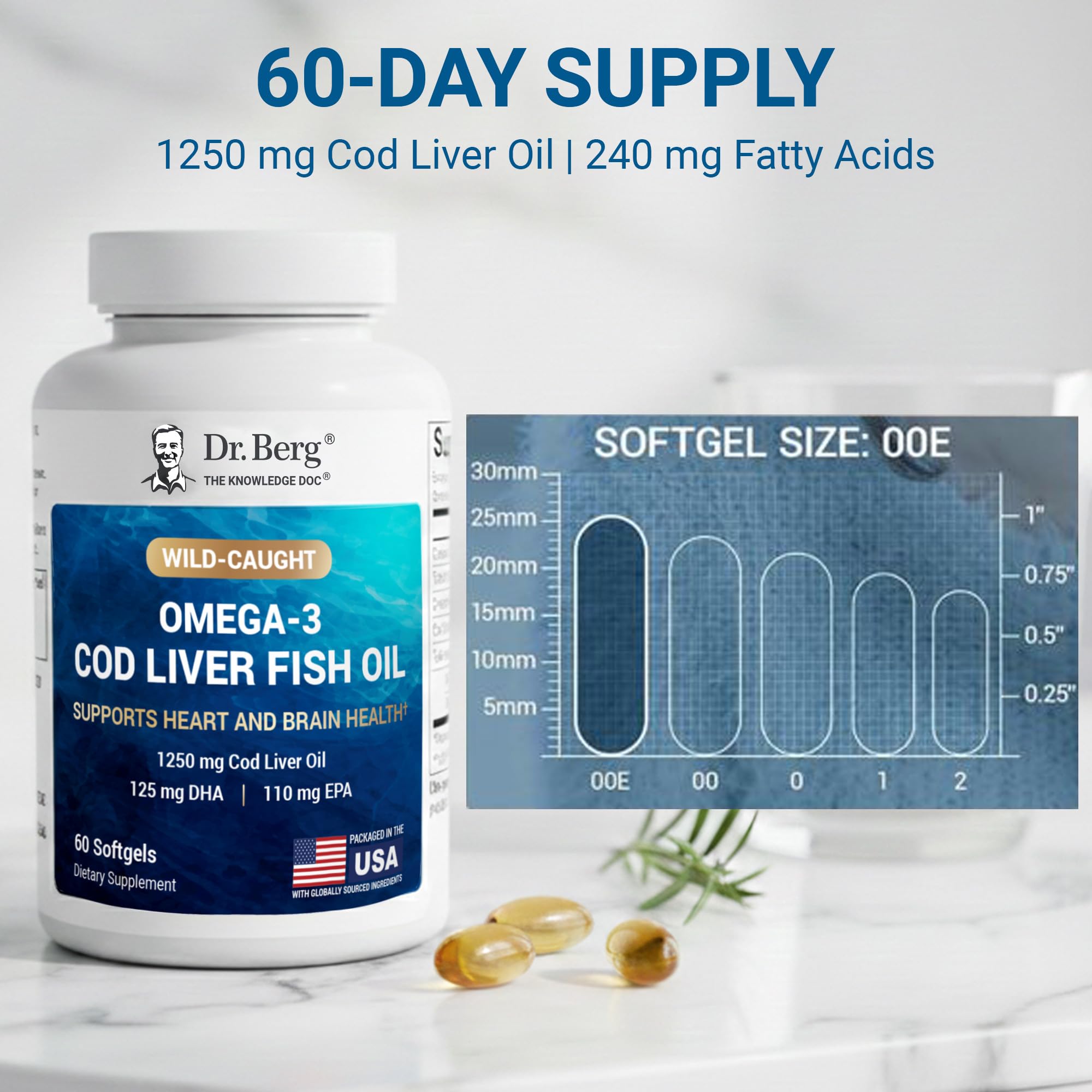 Dr. Berg Omega-3 Cod Liver Fish Oil 60 Softgels – Wild-Caught Icelandic Cod – Omega 3 EPA & DHA – Heart, Brain, Immune & Eye Support* – Lemon Flavor – 4X Lab-Tested – Non-GMO, No Fillers - TrustMedUSA