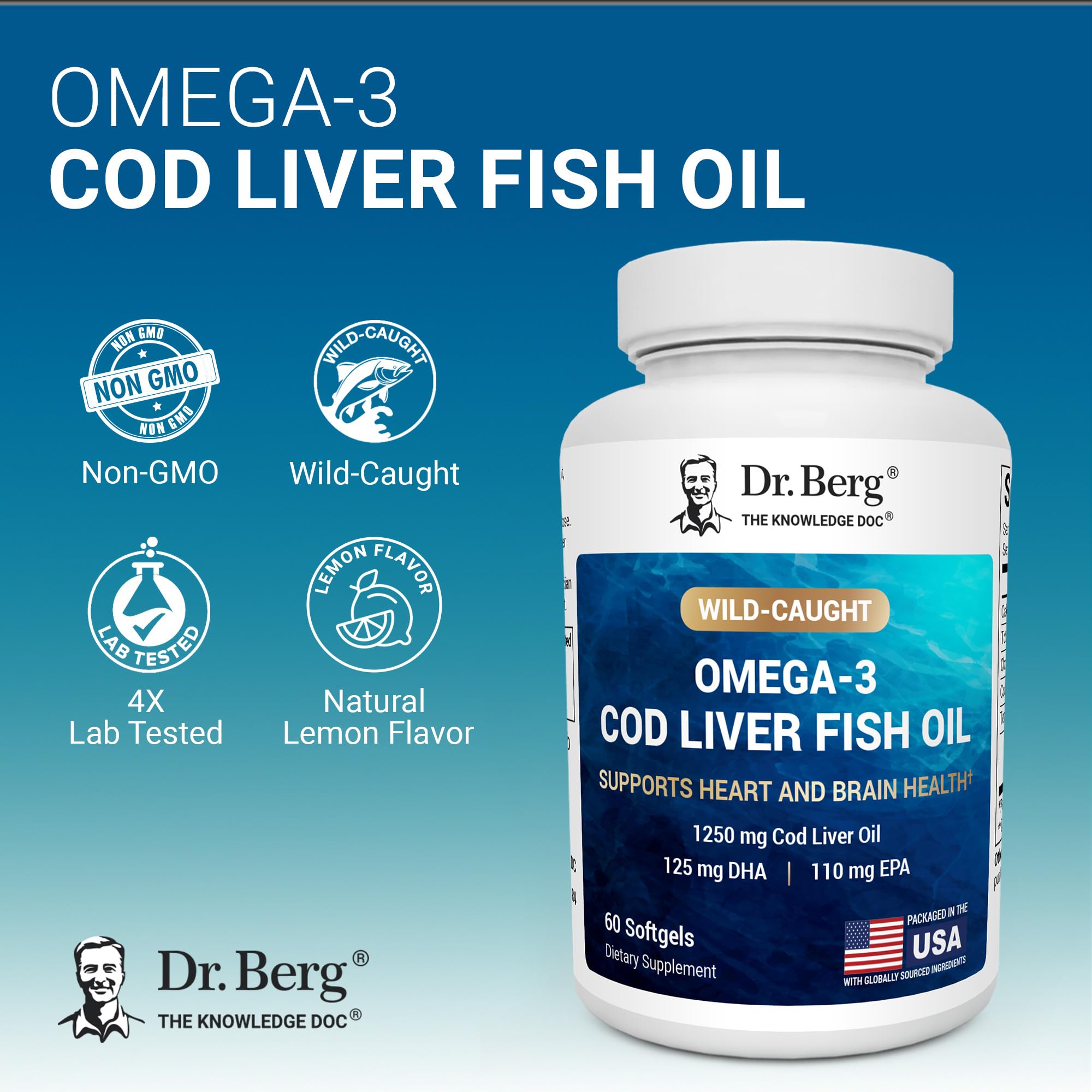 Dr. Berg Omega-3 Cod Liver Fish Oil 60 Softgels – Wild-Caught Icelandic Cod – Omega 3 EPA & DHA – Heart, Brain, Immune & Eye Support* – Lemon Flavor – 4X Lab-Tested – Non-GMO, No Fillers - TrustMedUSA