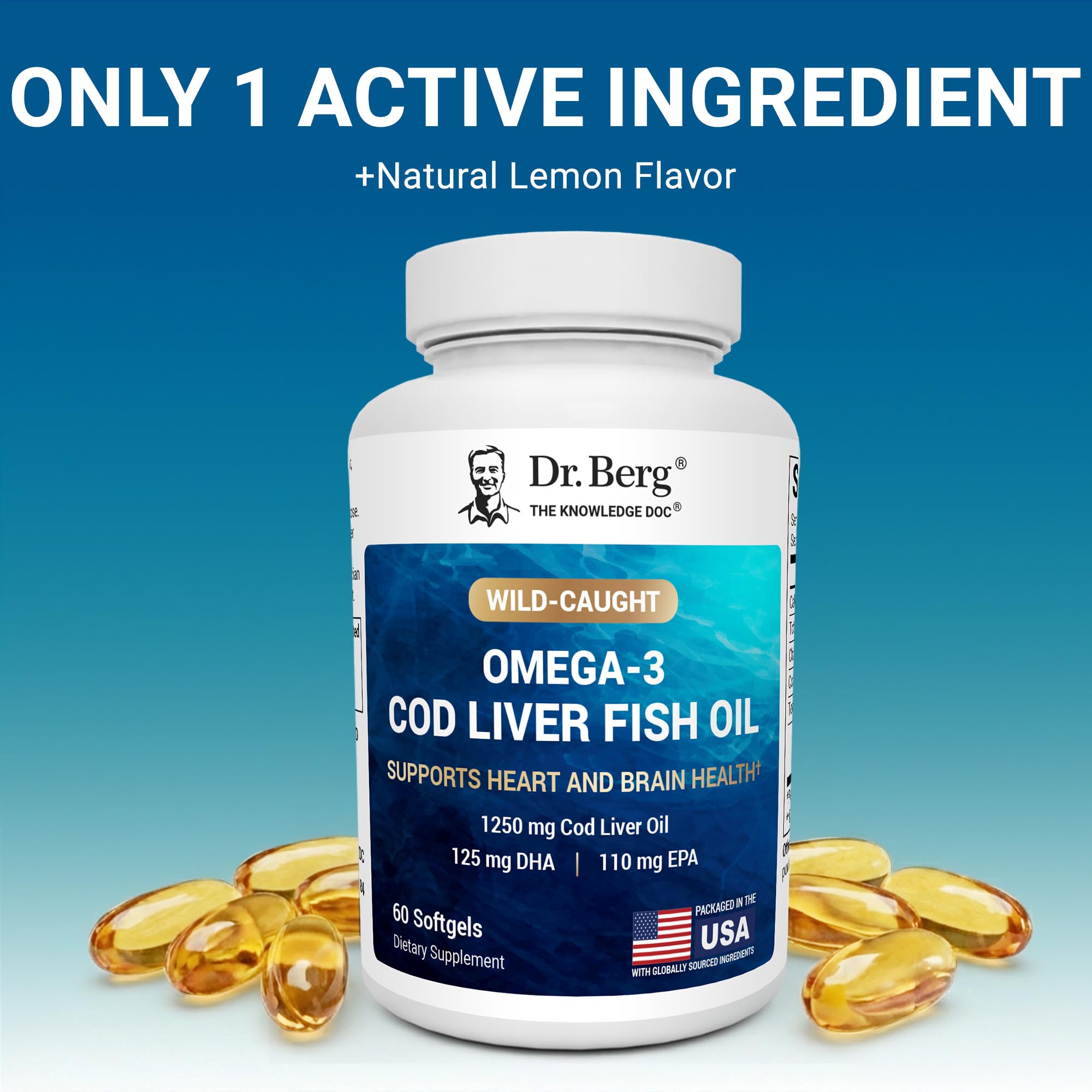 Dr. Berg Omega-3 Cod Liver Fish Oil 60 Softgels – Wild-Caught Icelandic Cod – Omega 3 EPA & DHA – Heart, Brain, Immune & Eye Support* – Lemon Flavor – 4X Lab-Tested – Non-GMO, No Fillers - TrustMedUSA