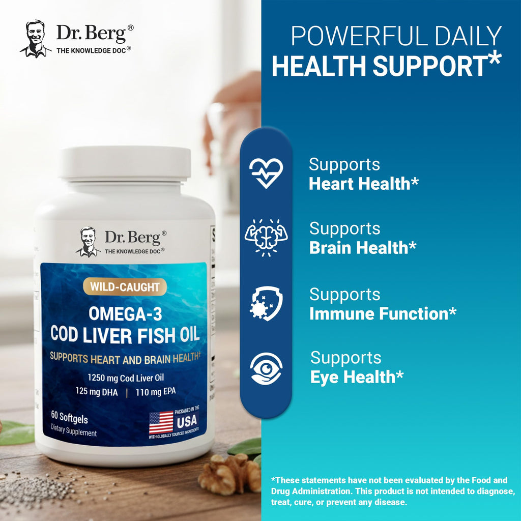 Dr. Berg Omega-3 Cod Liver Fish Oil 60 Softgels – Wild-Caught Icelandic Cod – Omega 3 EPA & DHA – Heart, Brain, Immune & Eye Support* – Lemon Flavor – 4X Lab-Tested – Non-GMO, No Fillers - TrustMedUSA