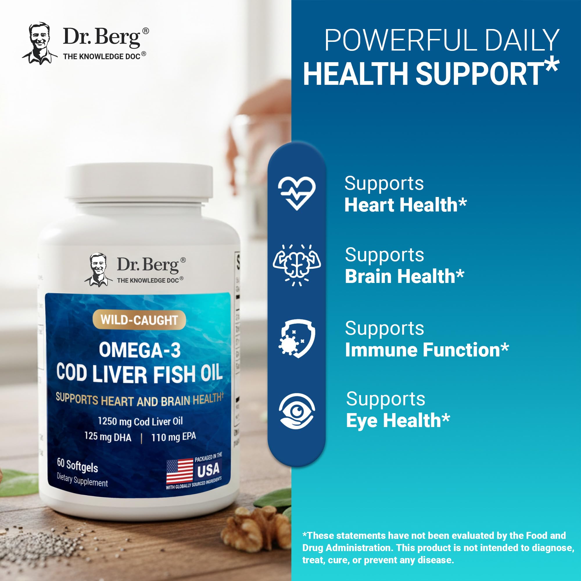 Dr. Berg Omega-3 Cod Liver Fish Oil 60 Softgels – Wild-Caught Icelandic Cod – Omega 3 EPA & DHA – Heart, Brain, Immune & Eye Support* – Lemon Flavor – 4X Lab-Tested – Non-GMO, No Fillers - TrustMedUSA