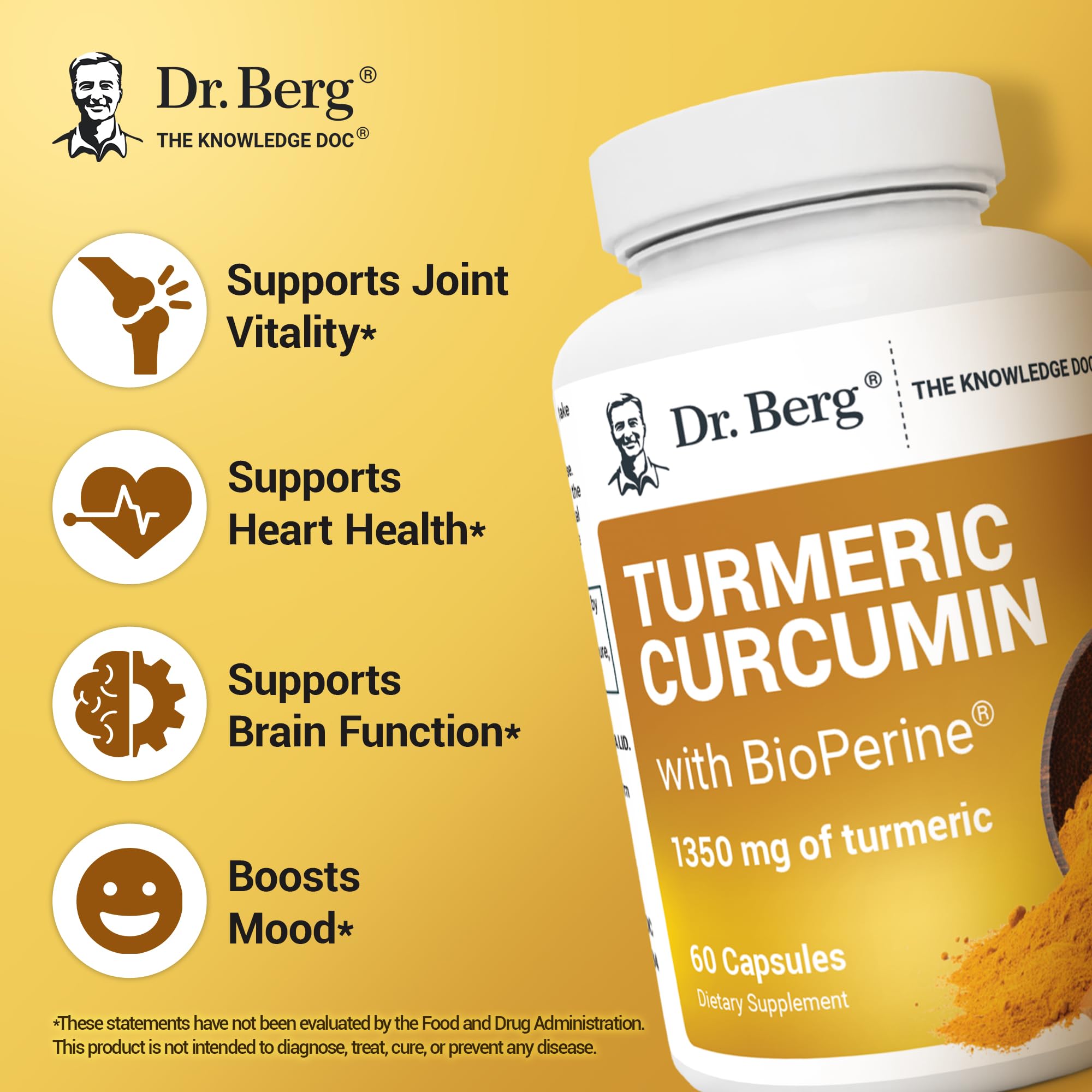 Dr. Berg (Only 2 Per Day) Turmeric Supplement with Black Pepper (BioPerine) - 1350 mg Turmeric Curcumin Supplement with 95% Curcuminoids – Turmeric Curcumin with Black Pepper – 60 Turmeric Capsules - TrustMedUSA