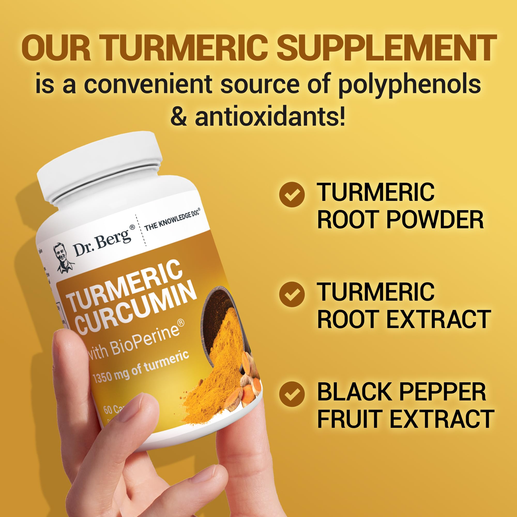 Dr. Berg (Only 2 Per Day) Turmeric Supplement with Black Pepper (BioPerine) - 1350 mg Turmeric Curcumin Supplement with 95% Curcuminoids – Turmeric Curcumin with Black Pepper – 60 Turmeric Capsules - TrustMedUSA