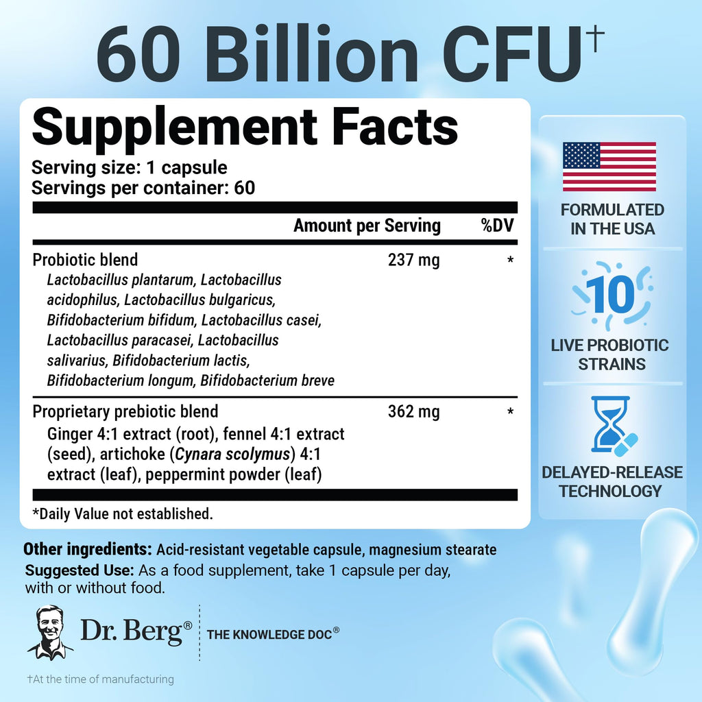 Dr. Berg Probiotic Supplement (60 Billion CFUs) - Helps Ease Occasional Constipation, Diarrhea, Gas & Bloating* - Pre and Probiotics for Digestive Health - TrustMedUSA