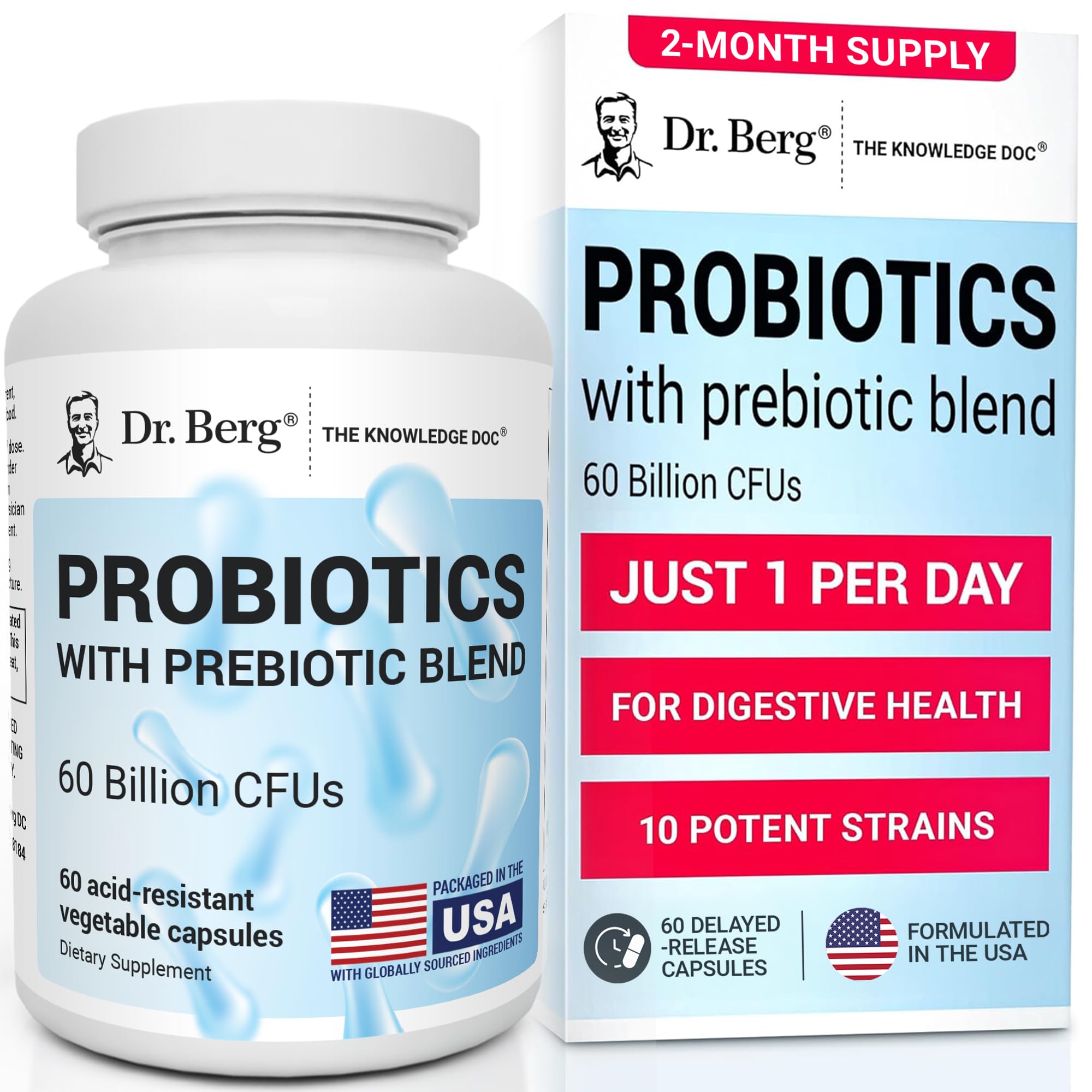Dr. Berg Probiotic Supplement (60 Billion CFUs) - Helps Ease Occasional Constipation, Diarrhea, Gas & Bloating* - Pre and Probiotics for Digestive Health - TrustMedUSA