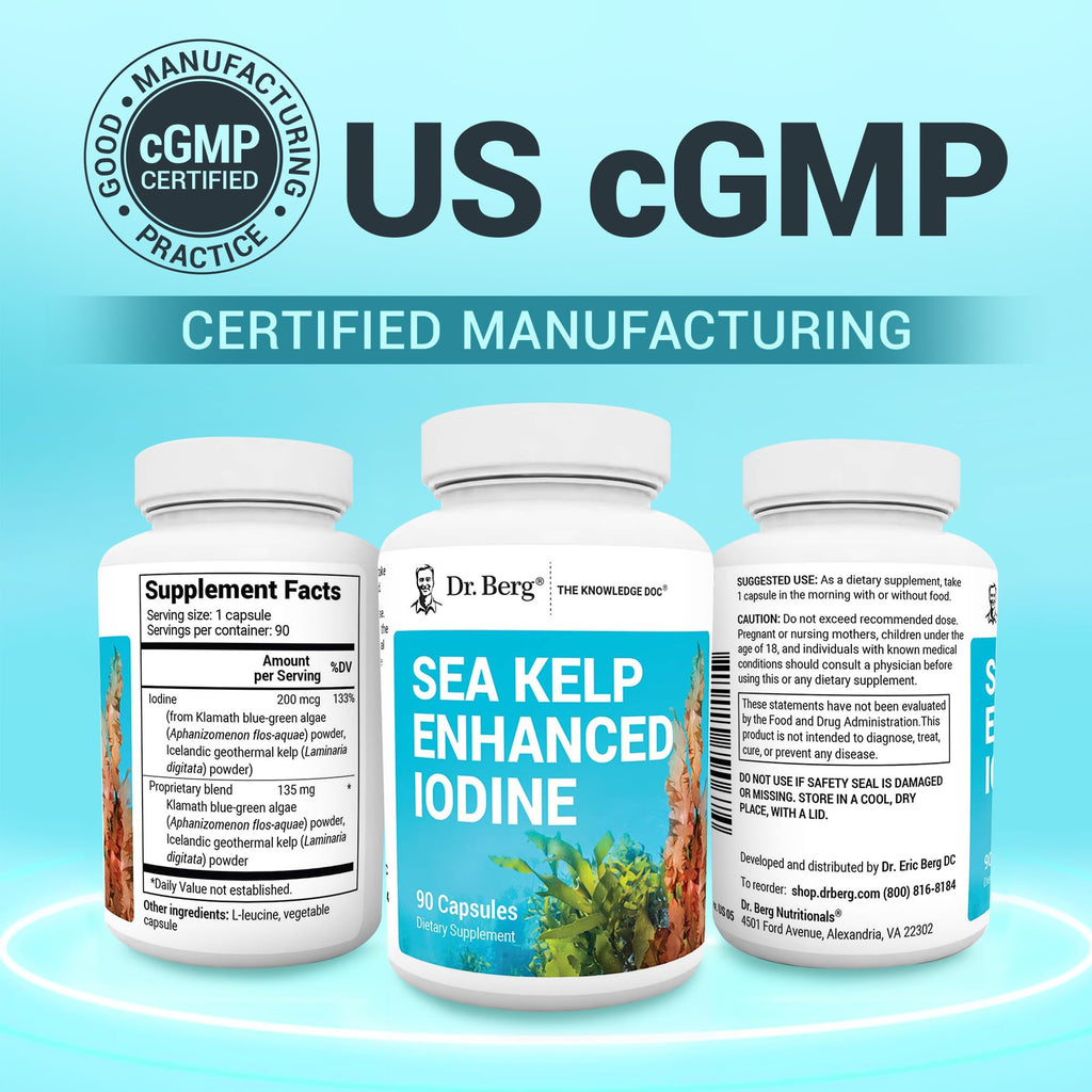 Dr. Berg Sea Kelp Enhanced Iodine - 200 mcg of Premium Iodine - Seaweed Blend Includes Klamath Blue-Green Algae & Sea Kelp - 90 Capsules - TrustMedUSA