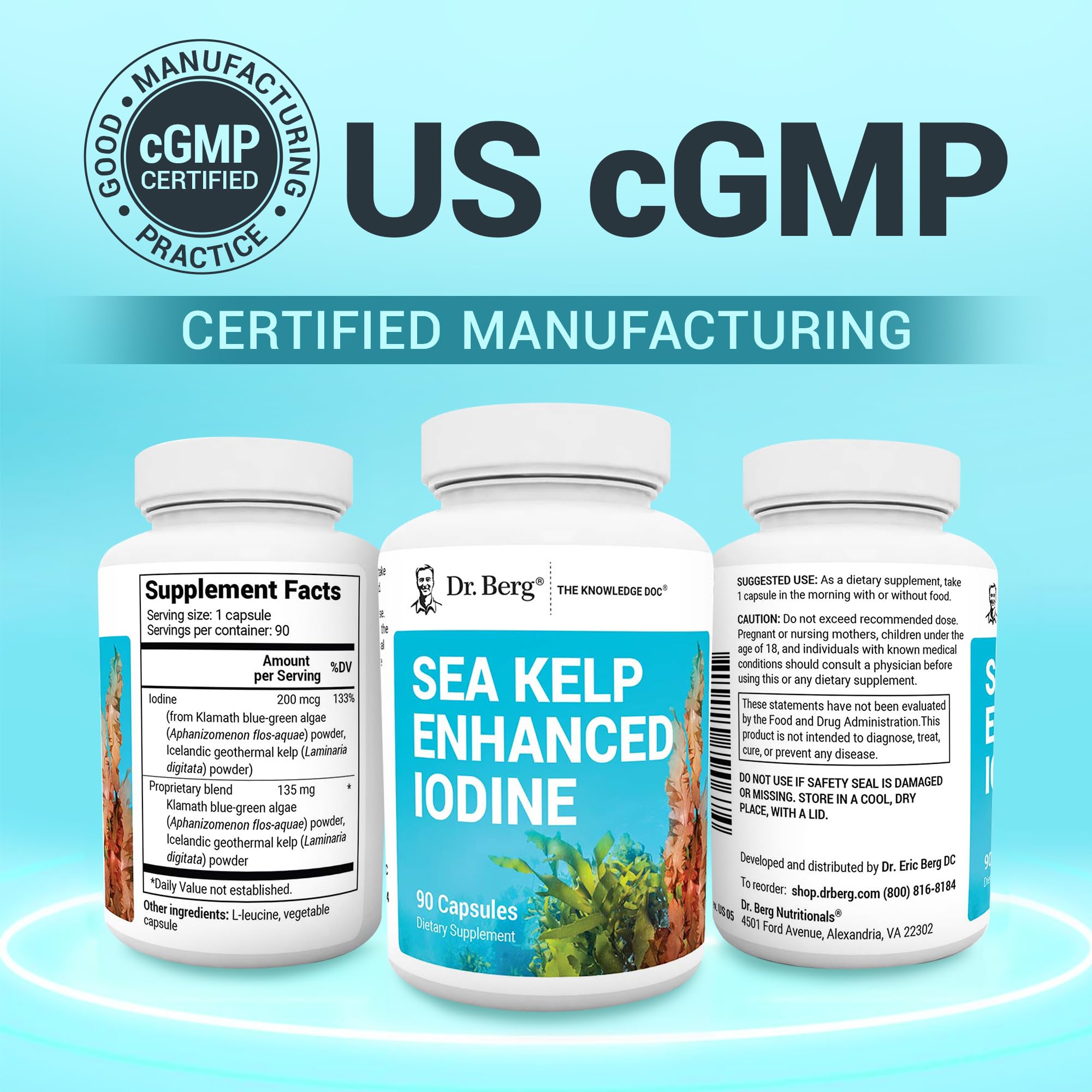 Dr. Berg Sea Kelp Enhanced Iodine - 200 mcg of Premium Iodine - Seaweed Blend Includes Klamath Blue-Green Algae & Sea Kelp - 90 Capsules - TrustMedUSA