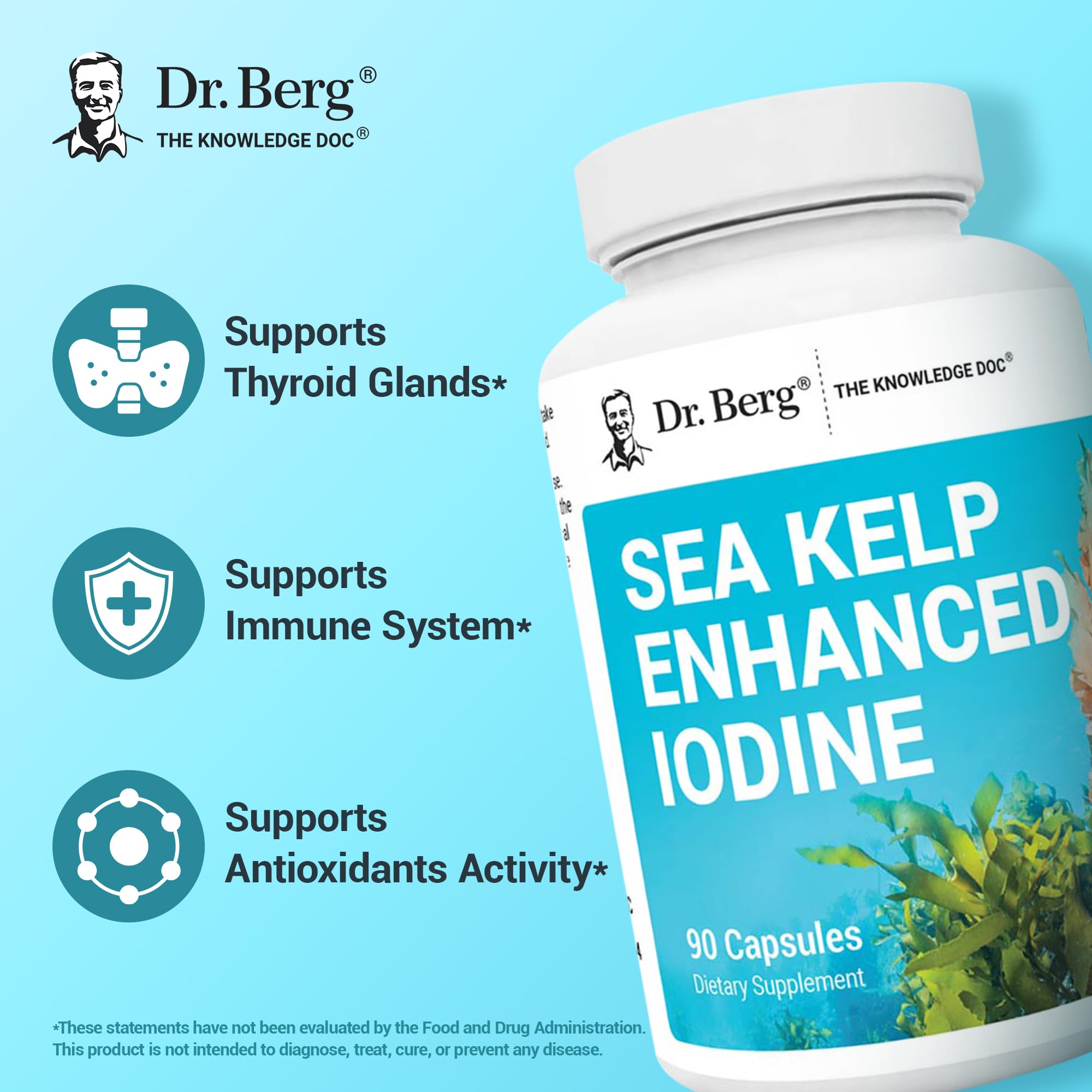 Dr. Berg Sea Kelp Enhanced Iodine - 200 mcg of Premium Iodine - Seaweed Blend Includes Klamath Blue-Green Algae & Sea Kelp - 90 Capsules - TrustMedUSA