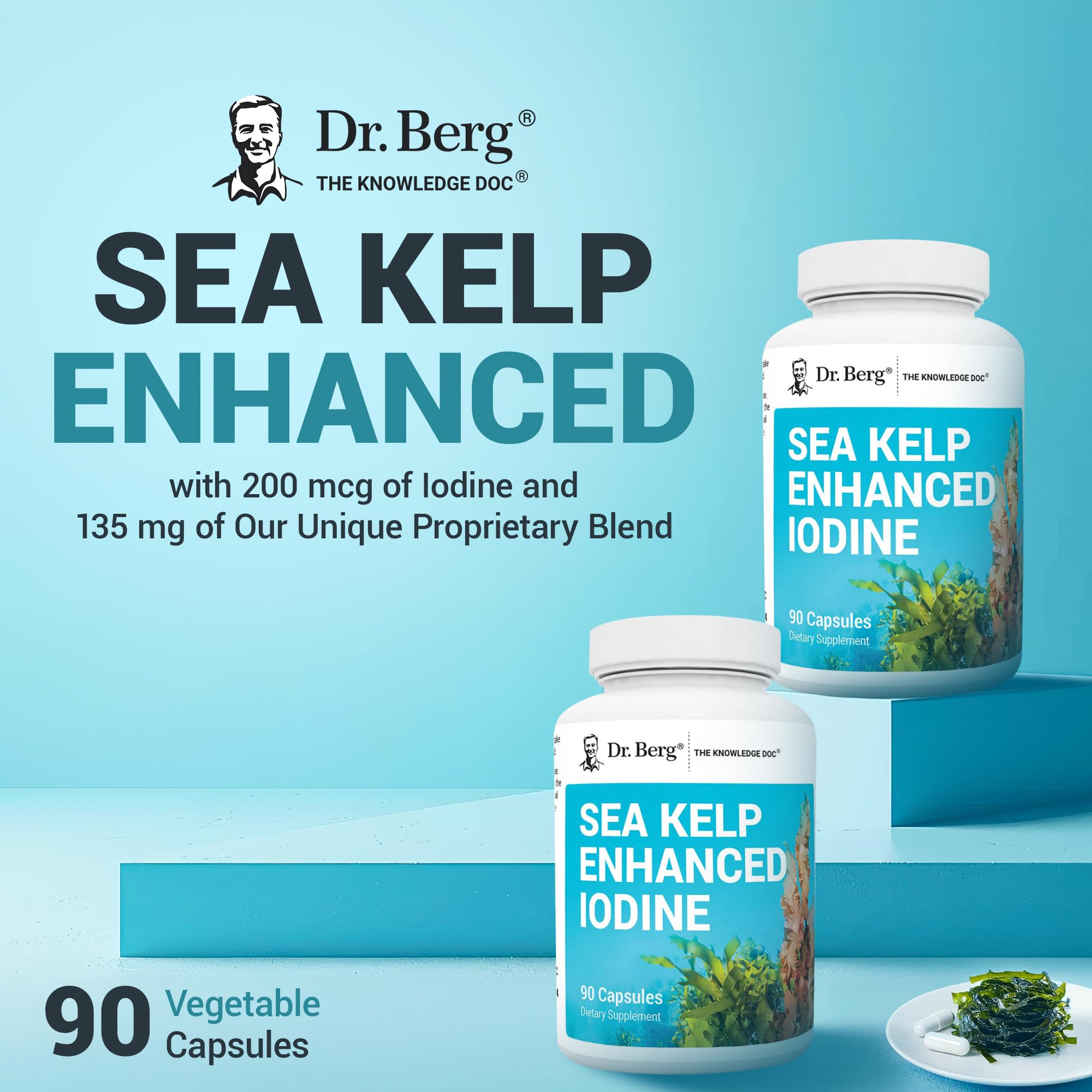 Dr. Berg Sea Kelp Enhanced Iodine - 200 mcg of Premium Iodine - Seaweed Blend Includes Klamath Blue-Green Algae & Sea Kelp - 90 Capsules - TrustMedUSA