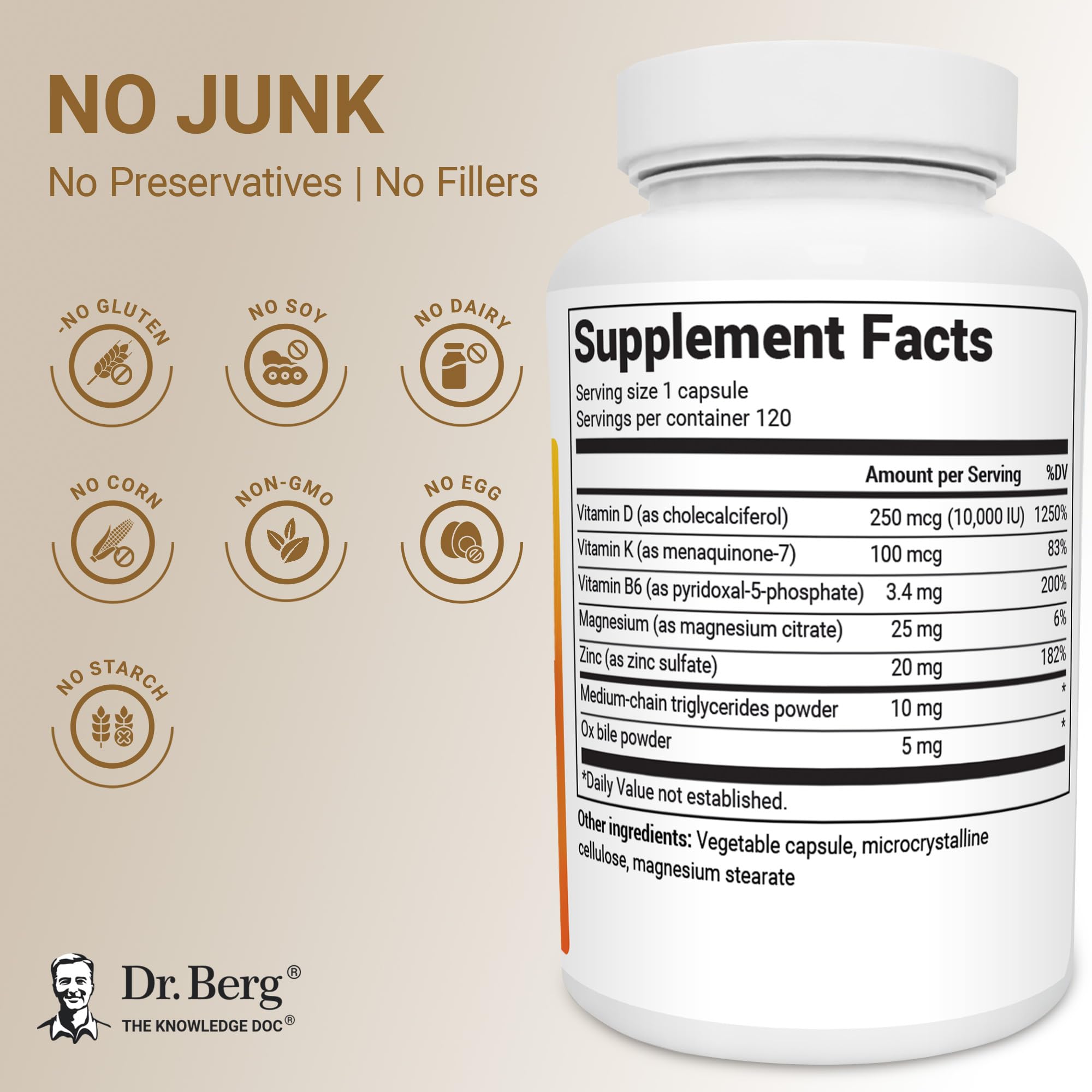 Dr. Berg Vitamin D3 & K2 10,000 IU + MK-7 – 120 Capsules – Immune, Bone & Heart Support* Supplement w/Magnesium, Zinc, B6 – 4X Lab-Tested – No Fillers – Non-GMO, cGMP, Formulated in USA - TrustMedUSA