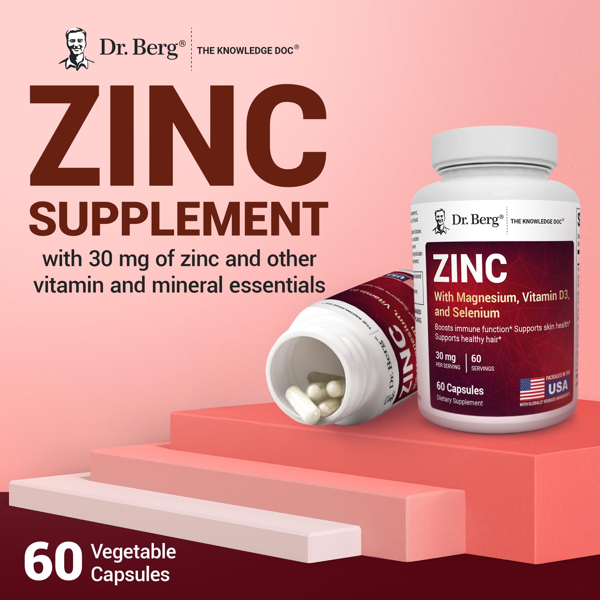 Dr. Berg Zinc 30mg Enhanced with Magnesium, Vitamin D3, Selenium, & Copper - Zinc Supplements for Men & Women - Chelated Zinc for Immune, Skin - TrustMedUSA