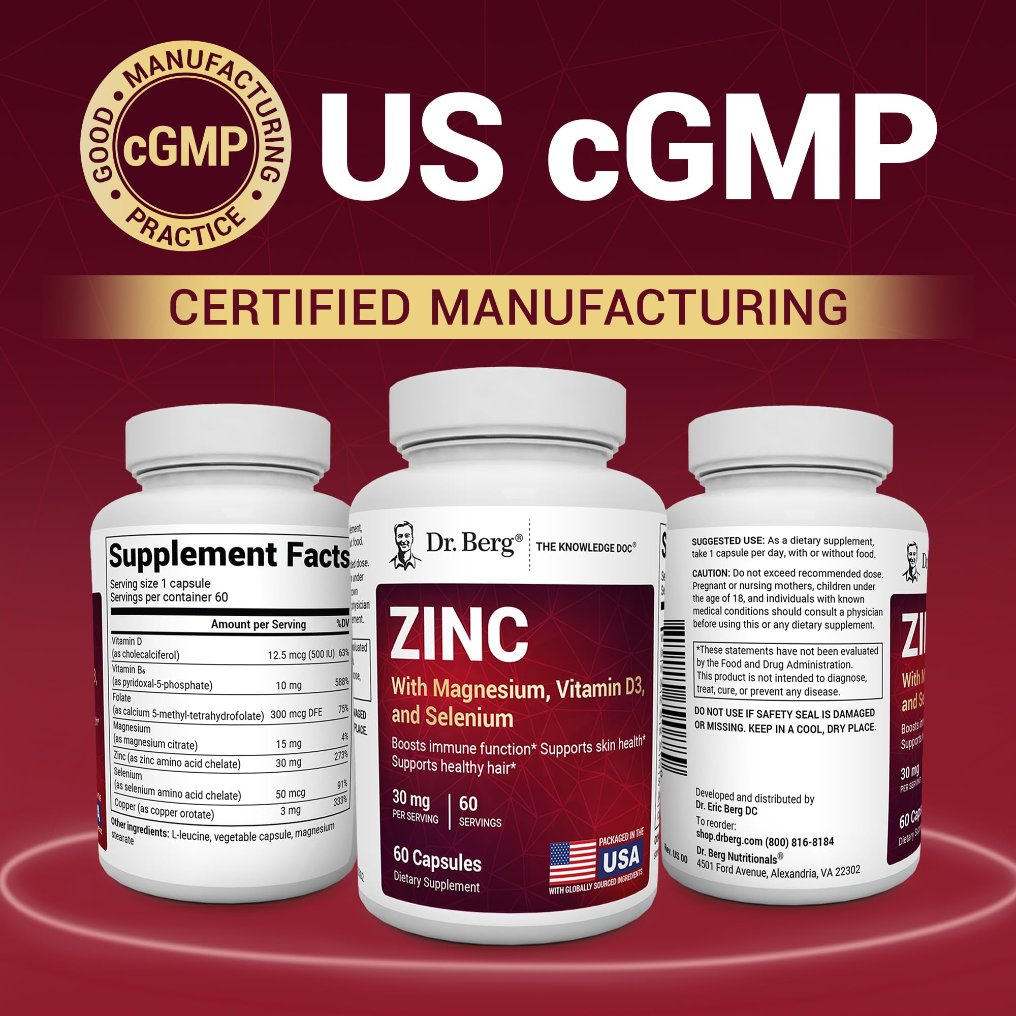 Dr. Berg Zinc 30mg Enhanced with Magnesium, Vitamin D3, Selenium, & Copper - Zinc Supplements for Men & Women - Chelated Zinc for Immune, Skin - TrustMedUSA