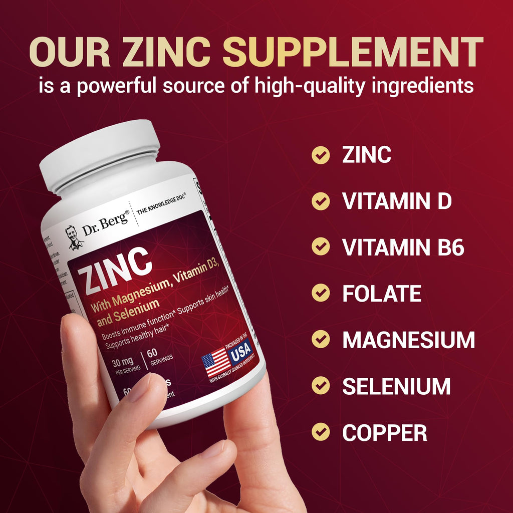 Dr. Berg Zinc 30mg Enhanced with Magnesium, Vitamin D3, Selenium, & Copper - Zinc Supplements for Men & Women - Chelated Zinc for Immune, Skin - TrustMedUSA