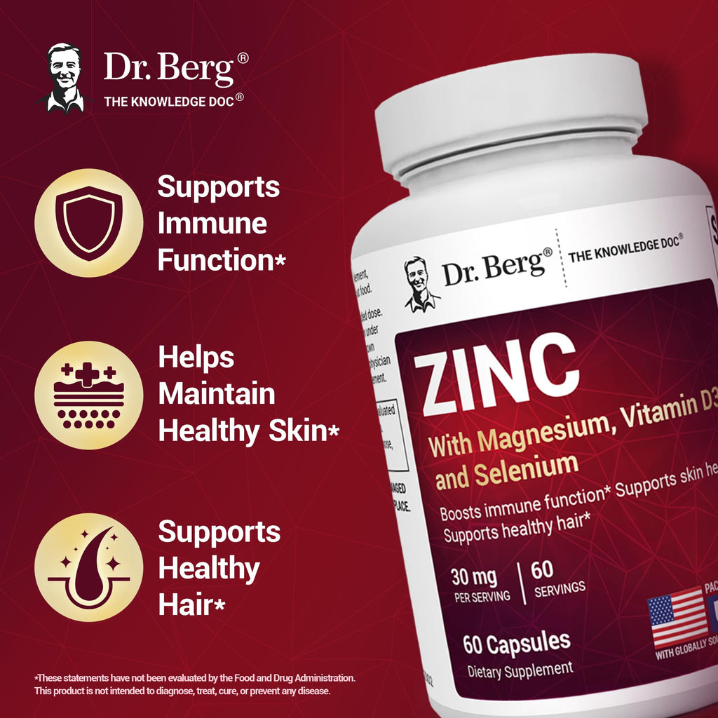 Dr. Berg Zinc 30mg Enhanced with Magnesium, Vitamin D3, Selenium, & Copper - Zinc Supplements for Men & Women - Chelated Zinc for Immune, Skin - TrustMedUSA