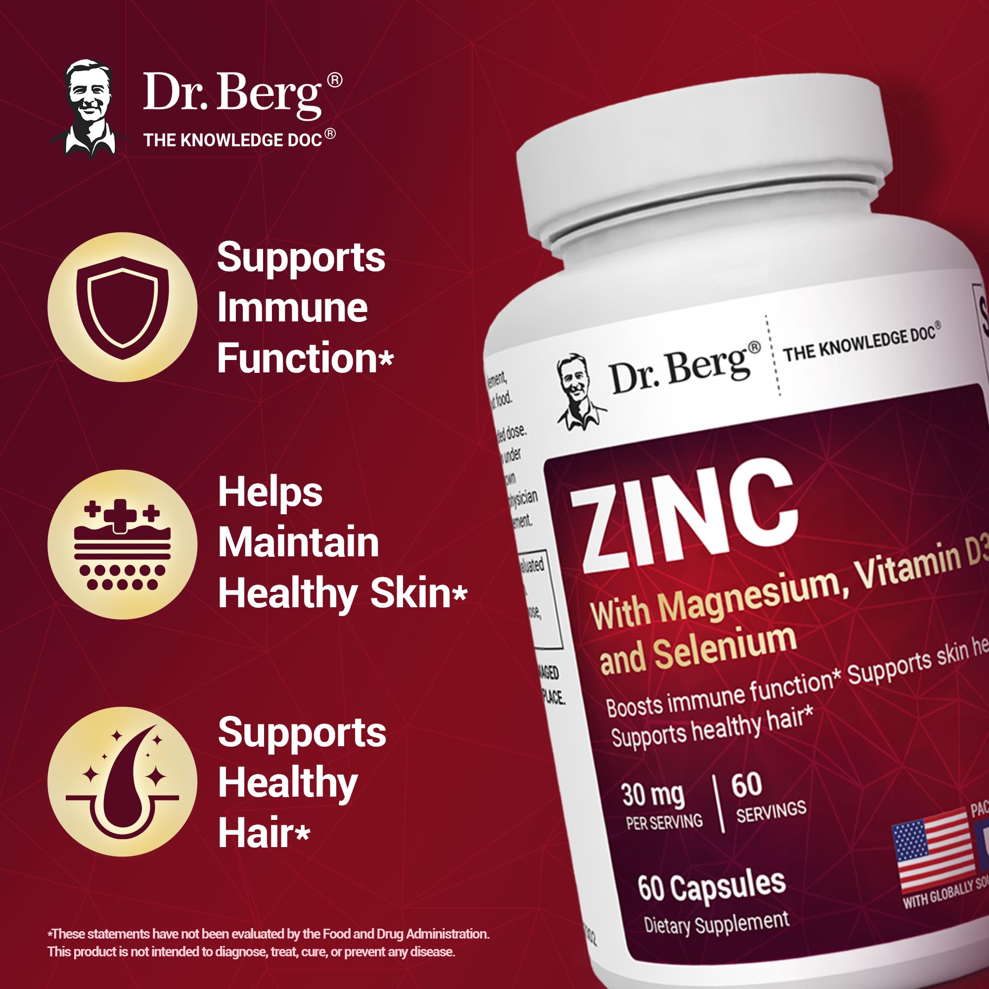 Dr. Berg Zinc 30mg Enhanced with Magnesium, Vitamin D3, Selenium, & Copper - Zinc Supplements for Men & Women - Chelated Zinc for Immune, Skin - TrustMedUSA