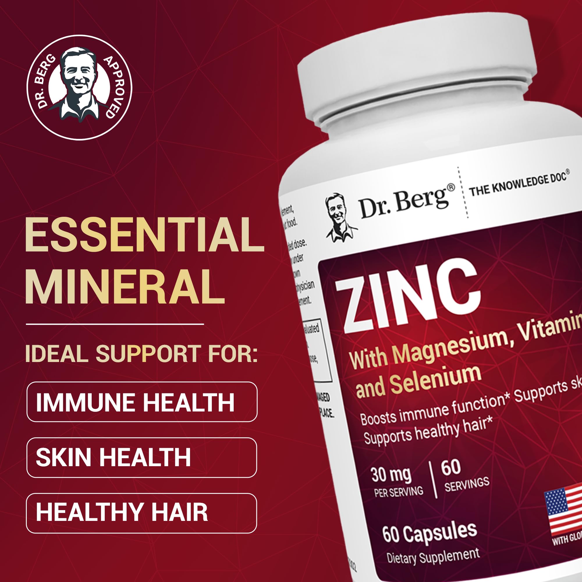 Dr. Berg Zinc 30mg Enhanced with Magnesium, Vitamin D3, Selenium, & Copper - Zinc Supplements for Men & Women - Chelated Zinc for Immune, Skin - TrustMedUSA