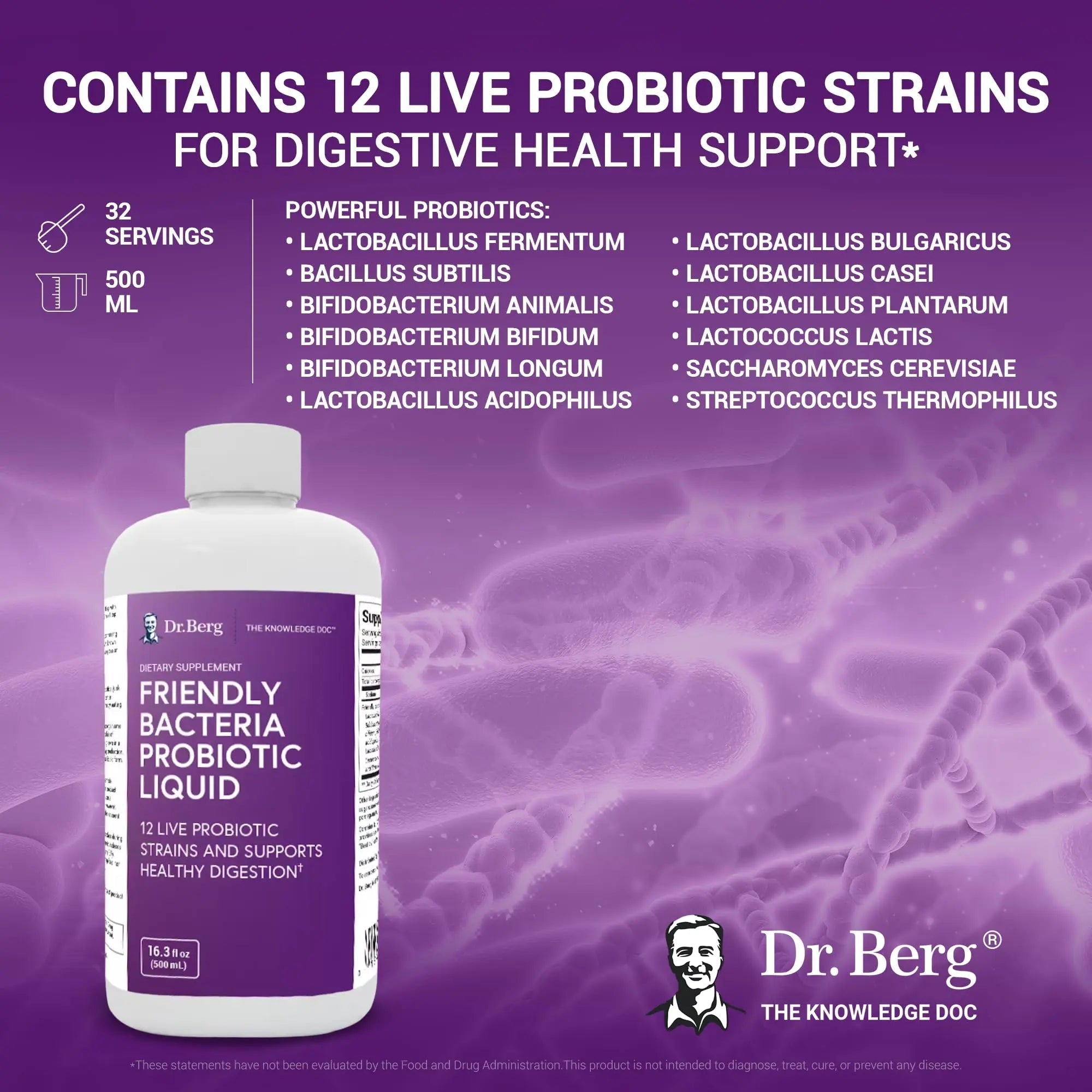 Dr. Berg's Friendly Probiotic Liquid Supplement Drink Mix w/ 12 Live Probiotics Strains - TrustMedUSA