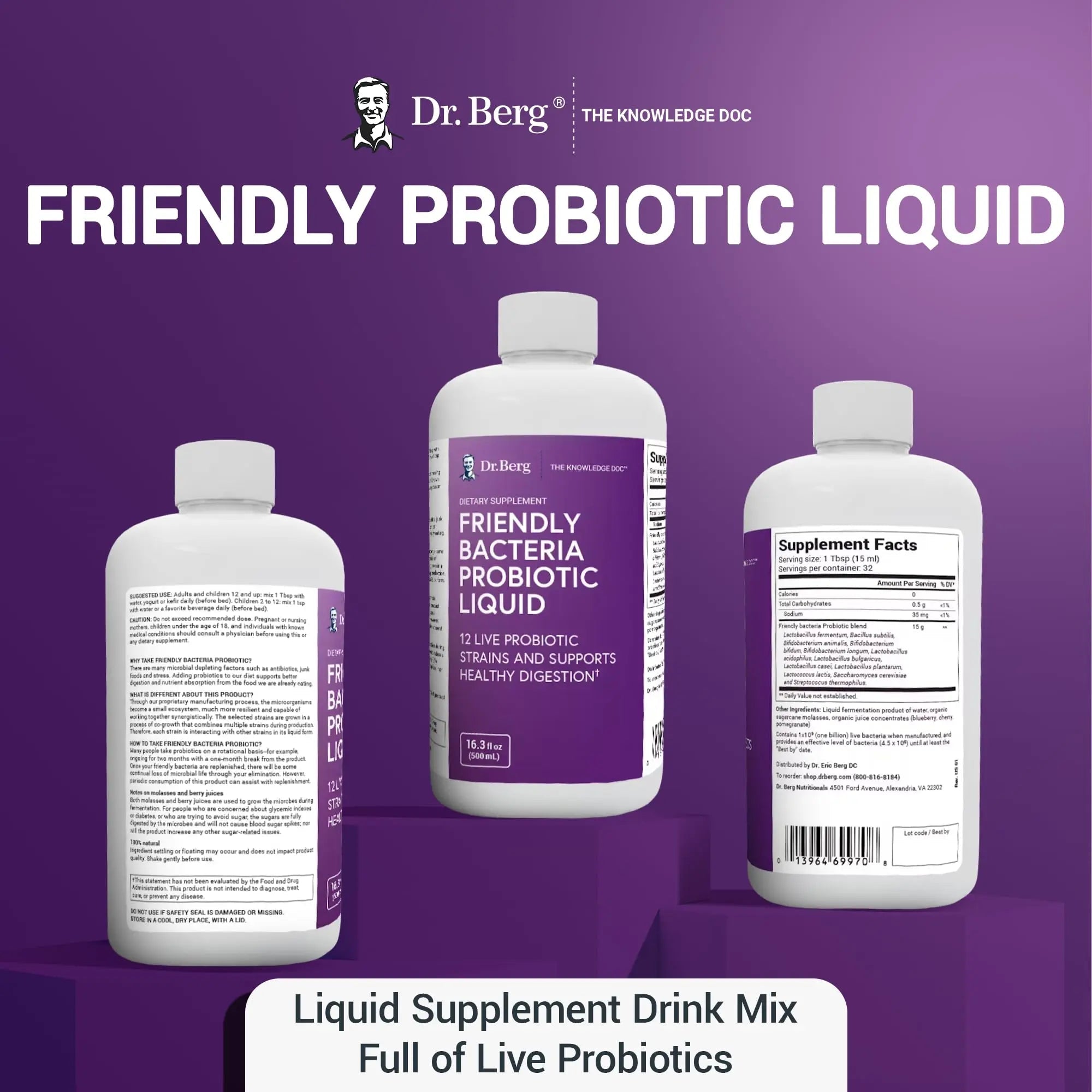 Dr. Berg's Friendly Probiotic Liquid Supplement Drink Mix w/ 12 Live Probiotics Strains - TrustMedUSA