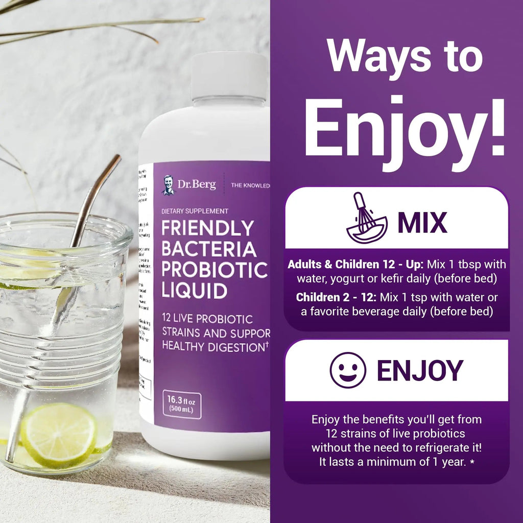 Dr. Berg's Friendly Probiotic Liquid Supplement Drink Mix w/ 12 Live Probiotics Strains - TrustMedUSA